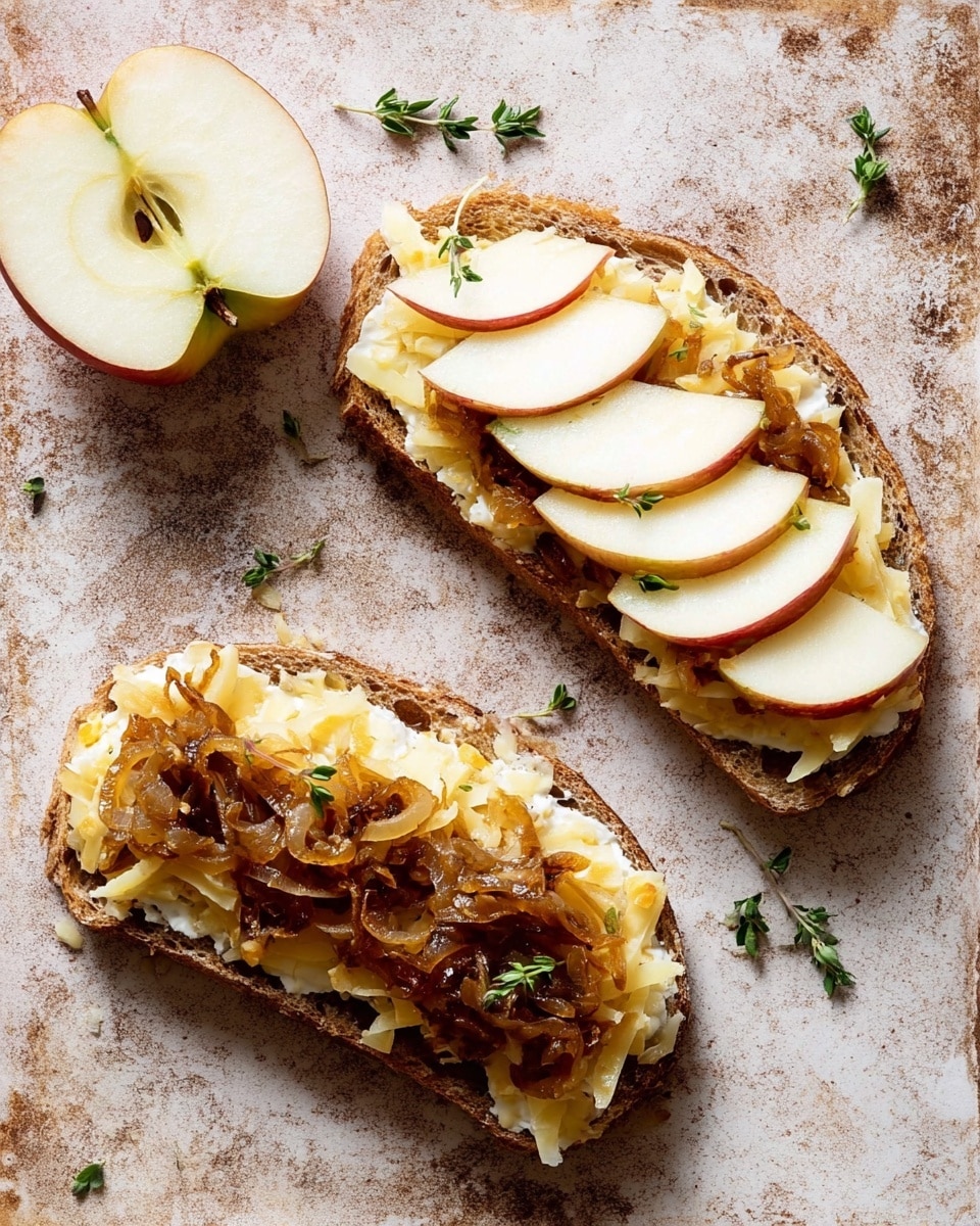 The image shows two open-faced sandwiches on a rustic, light brown textured surface that is changed to white marbled texture. Each sandwich has three layers: the bottom layer is a thick slice of crusty bread, the middle layer is a handful of shredded light yellow cheese, and the top layer features caramelized onions with a rich brown color and shiny texture. On top of the onions, there are thin slices of light cream to pale yellow apple, neatly arranged in a row overlapping each other. To the left, there is a half apple with a smooth pale interior and reddish-yellow skin. The sandwiches have small green herb leaves scattered around for garnish. Photo taken with an iphone --ar 4:5 --v 7