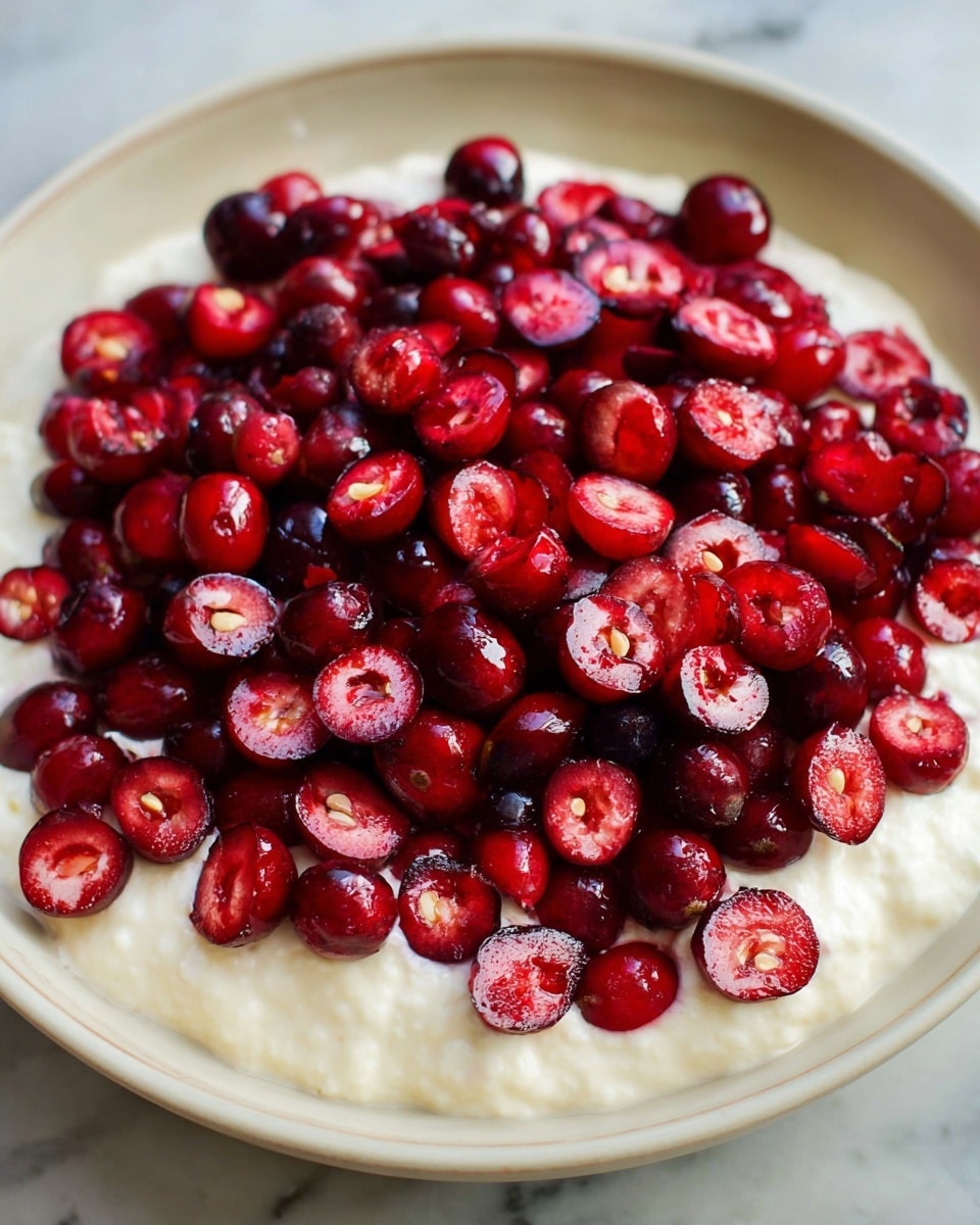 A close-up view of a white bowl filled with a creamy white base layer that looks smooth and thick. On top, there is a large pile of halved fresh cranberries showing their red outer skin and pale pink inner flesh with small seeds inside. The cranberries are glossy and look juicy, covering most of the cream but leaving the edges visible. The bowl sits on a white marbled surface with a bit of soft natural light highlighting the textures. photo taken with an iphone --ar 4:5 --v 7