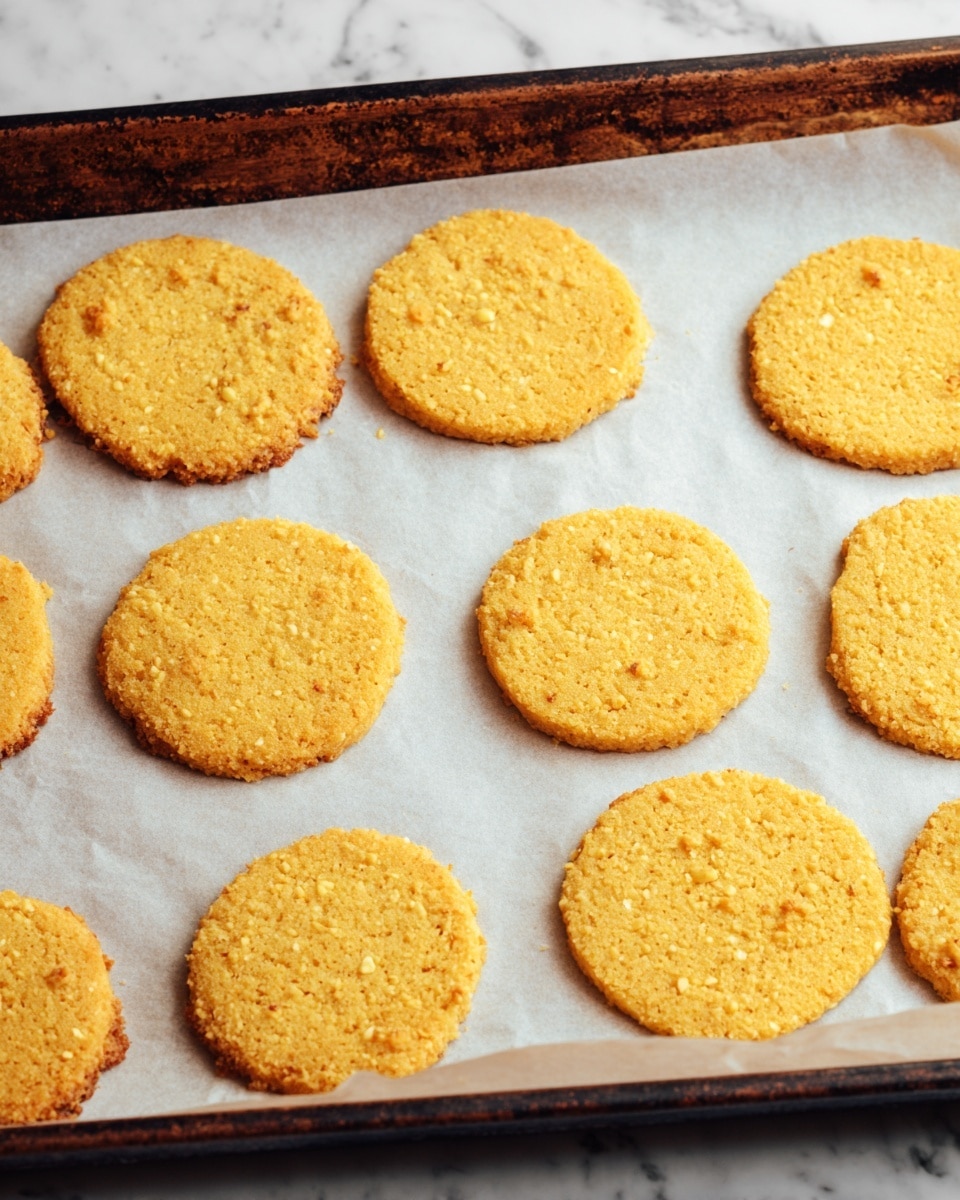 The image shows a baking tray lined with white parchment paper, holding twelve round, golden-yellow cookies spread out in neat rows. The cookies have a slightly rough texture with small bits visible on the surface, giving them a rustic appearance. They are evenly baked with a consistent color throughout, and two cookies on the right side slightly touch each other. The tray edges are dark and browned, and the background is a white marbled texture. photo taken with an iphone --ar 4:5 --v 7