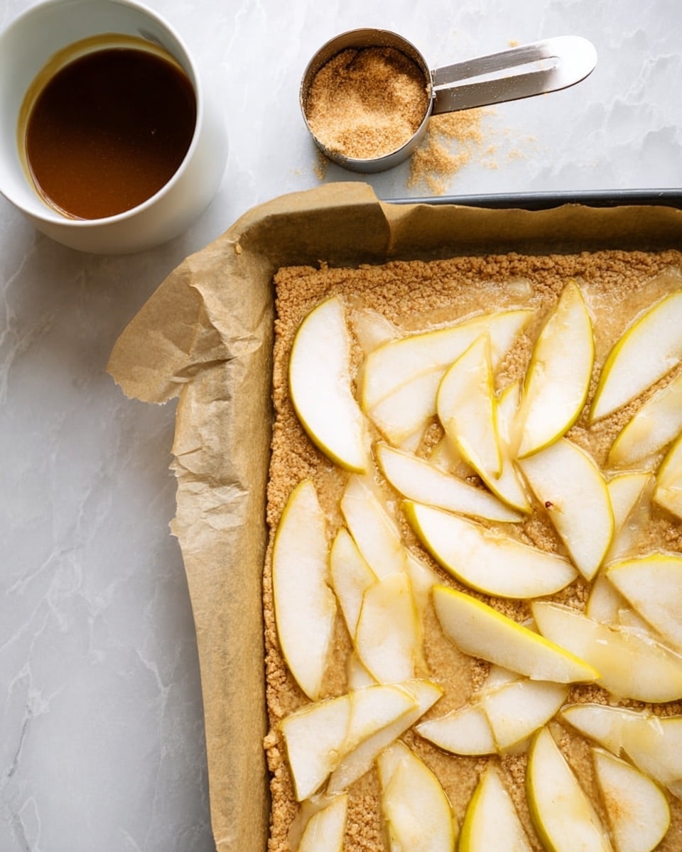 The image shows a baking tray lined with parchment paper filled with a light brown, crumbly dough base that covers the entire tray. On top of the dough, there are many thin, irregular slices of pear scattered evenly, showing the white flesh and yellow-green skin. To the left, on a white marbled surface, there is a white bowl with a brown sauce and a measuring cup with some granulated brown sugar. The overall colors are soft and natural with a warm tone from the dough and fresh light hues from the pears. photo taken with an iphone --ar 4:5 --v 7