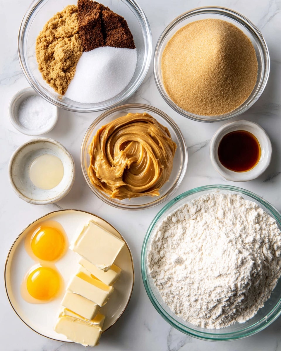 A top-down view shows various clear glass bowls and a white plate holding different baking ingredients arranged on a white marbled surface. There is a large bowl with two types of sugar, one half dark brown and coarse, the other half white and fine. Next to it, a medium bowl contains golden peanut butter with smooth, creamy texture and some peaks. Another medium bowl holds two raw eggs with bright yellow yolks surrounded by clear whites. A larger bowl is filled with white flour, piled with soft peaks and some flat areas. There is a small bowl with salt, appearing as white fine crystals, and a smaller bowl with dark brown vanilla liquid. A white plate with a gold rim holds two sticks of butter, each scored into small squares. photo taken with an iphone --ar 4:5 --v 7
