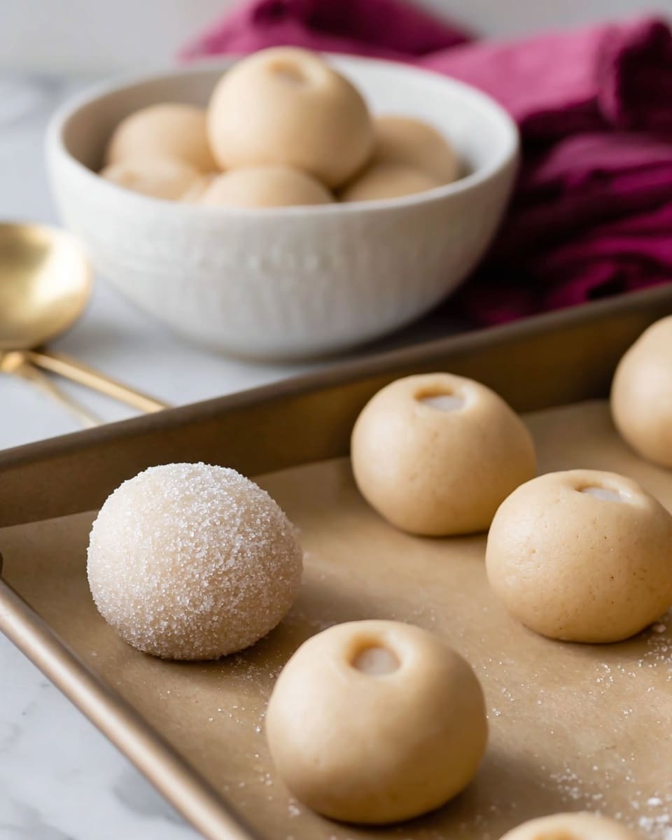 The image shows several smooth round dough balls in soft light beige color placed closely together on a baking tray lined with parchment paper. Some dough balls have a small round indent in the center, and one is coated with white sugar crystals, giving it a rough texture. A white bowl with dough balls inside sits in the background on a white marbled surface, with part of a gold spoon and a dark pink cloth visible nearby. The overall setting has a clean, soft, and simple look. photo taken with an iphone --ar 4:5 --v 7