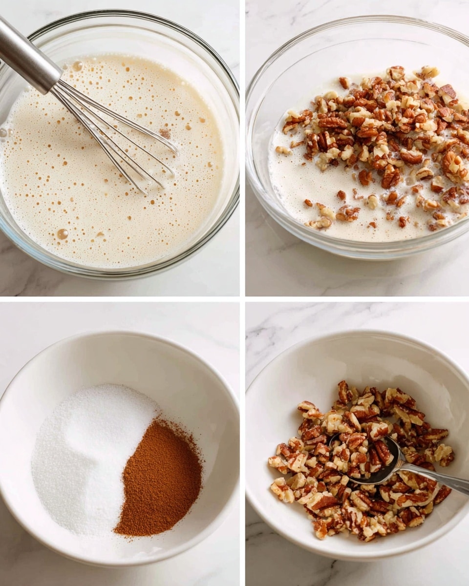 A collage of four images shows the process of making a nut topping mix. The top left image shows a clear glass bowl with a creamy white liquid mixture that has small bubbles on the surface with a metal whisk inside. The top right image shows chopped brown nuts being added from a clear bowl into the same creamy liquid in the glass bowl on a white marbled surface. The bottom left image shows a white bowl with white sugar and a small pile of brown cinnamon powder in the center. The bottom right image shows a white bowl filled with a mix of chopped nuts coated in a cinnamon sugar mixture with a spoon inside, all on a white marbled surface. Photo taken with an iphone --ar 4:5 --v 7