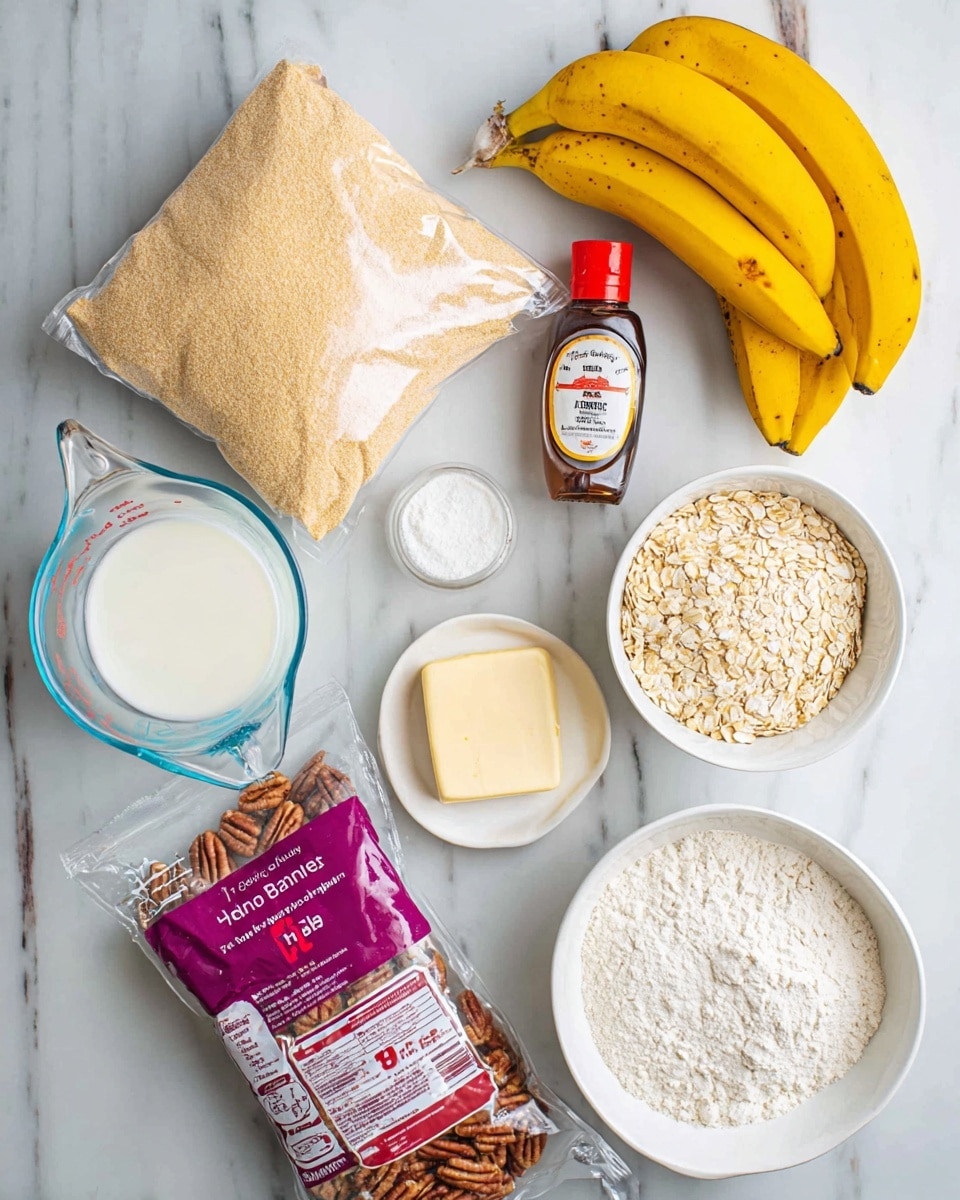 The image shows baking ingredients arranged on a white marbled surface. There is a large bag of light brown sugar at the top left, just below two yellow bananas placed diagonally on the right side. In the center, there is a small bottle of banana extract with a red cap. Below the sugar, there is a stick of butter with a light yellow color. To the left, a clear measuring cup filled with milk sits low in the frame. Near the middle bottom, a clear bag of chopped pecans with purple and white labeling is displayed. On the right, there are two white bowls—one filled with oats and the other with flour. At the bottom, a clear bowl holds white granulated sugar. The photo taken with an iphone --ar 4:5 --v 7