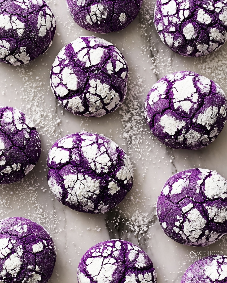 The image shows many round cookies scattered on a white marbled surface, each cookie covered in deep purple dough with a cracked pattern revealing white powder on top. The cookies are evenly spaced and have a rough texture with white powdered sugar filling the cracks, giving a contrast of purple and white. Small clumps of white powdered sugar also fall around the cookies on the surface. The photo taken with an iphone --ar 4:5 --v 7