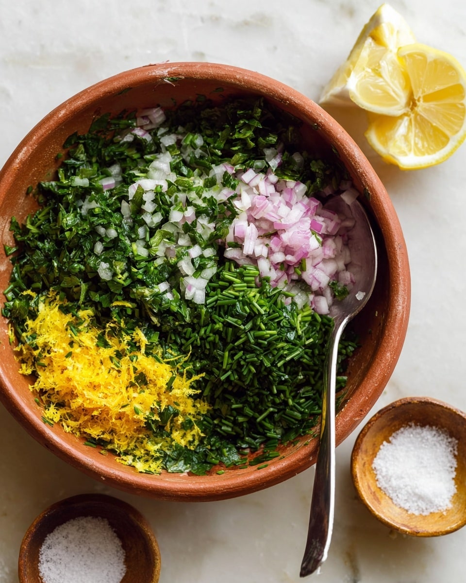 The image shows a terracotta bowl filled with chopped herbs and vegetables arranged in separate layers and sections. There are finely chopped dark green parsley, bright yellow lemon zest, small pieces of light pink shallots, dark green chopped chives, and a sprinkle of coarse white salt on top. A large silver spoon rests inside the bowl on the right side. The bowl sits on a white marbled textured surface with a halved lemon and a small brown bowl of salt nearby. Photo taken with an iphone --ar 4:5 --v 7