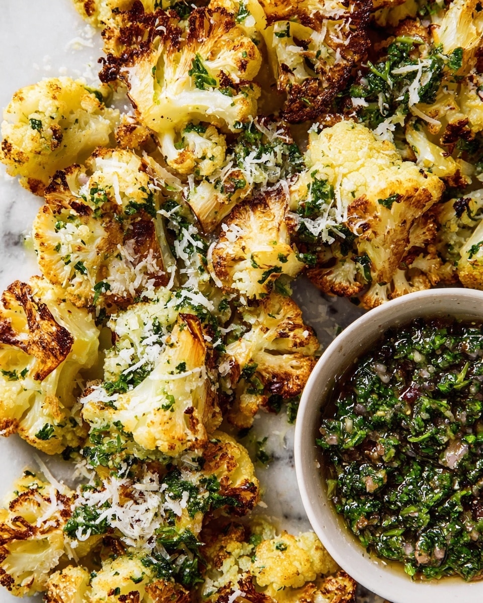 The image shows many pieces of roasted cauliflower with a light golden brown color, some edges are darker from roasting. The cauliflower is topped with small green herb bits scattered all over, and finely grated white cheese adds a soft texture on top. On the right side of the image, there is a small white bowl filled with a dark green herb sauce with visible bits of chopped leaves and tiny pieces of onion or garlic. The dish rests on a white marbled surface. photo taken with an iphone --ar 4:5 --v 7