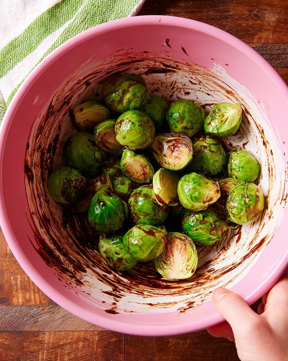 A pink mixing bowl contains fresh green Brussels sprouts, some whole and some sliced in half. The sprouts are coated with a dark sauce that has been spread around the inside of the bowl, leaving streaks on the white inner surface of the bowl. A woman's hand holds the edge of the bowl on the right side of the image. The bowl rests on a wooden surface, with a green and white striped cloth partially visible in the upper left corner. Photo taken with an iphone --ar 4:5 --v 7