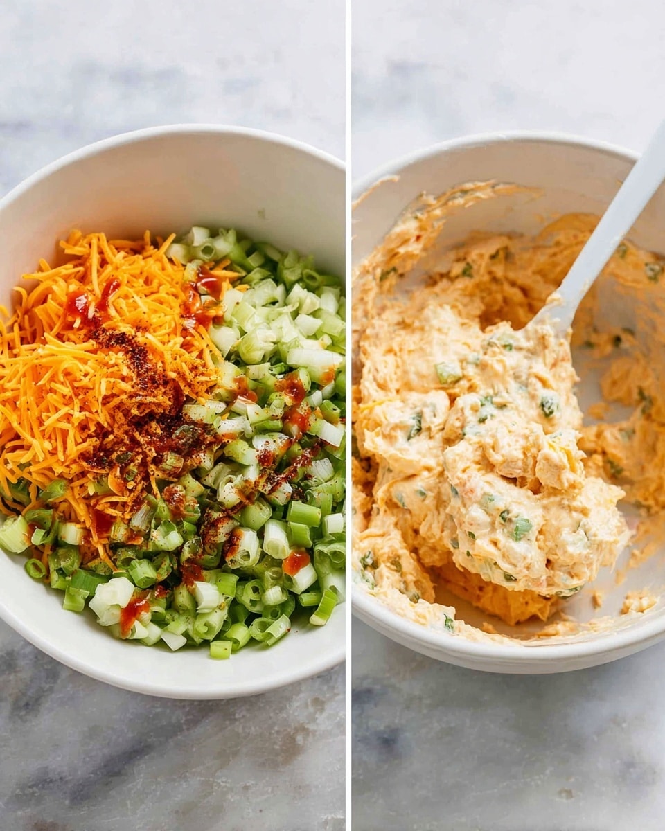 The image shows two white bowls placed side by side on a white marbled surface. The left bowl has distinct layers: bright orange shredded cheese on top, finely chopped light green celery pieces, and chopped dark green spring onions at the bottom, all sprinkled with dark spices and a drizzle of red sauce on the cheese layer. The right bowl shows a thick, creamy mixture where all these ingredients are combined, with a textured, slightly lumpy surface, and a white spoon inside the bowl lifting a portion of the creamy, pale orange mixture. Photo taken with an iphone --ar 4:5 --v 7