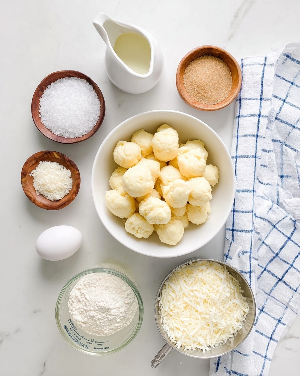 A flat lay image shows ingredients arranged neatly on a white marbled surface. In the center is a white bowl filled with small light yellow dough pieces that have a soft, puffy texture. Around it are several small bowls and containers: a round wooden bowl with white coarse salt at the bottom left, a small white pitcher with milk at the top left, a small round wooden bowl with light brown granulated sugar at the top right, and a round metal bowl with shredded white coconut to the right. Below the center bowl is a measuring cup filled with white flour, and to the bottom left is a clear glass container with a pale yellow liquid, likely oil or vinegar. A single white egg sits near the top center. A white cloth with blue checkered lines is placed on the right side. The photo taken with an iphone --ar 4:5 --v 7