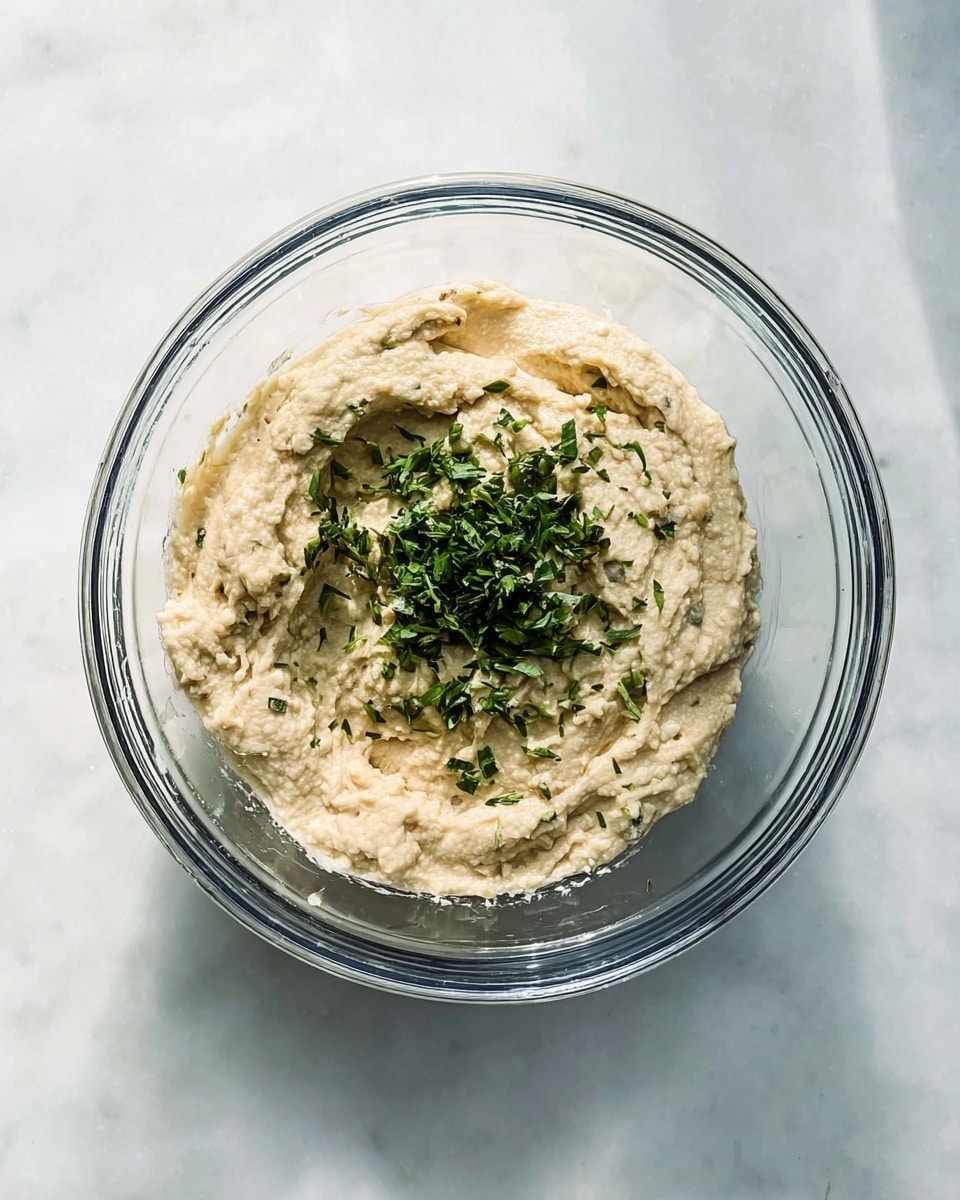 A clear glass bowl filled with a thick, creamy mixture of beige color with some traces of texture, topped in the center with a small heap of finely chopped green herbs, all on a white marbled surface. The mixture looks smooth with some small lumps and swirls, and the bowl is casting a soft shadow to the side, giving a bright and fresh feeling to the scene. Photo taken with an iphone --ar 4:5 --v 7