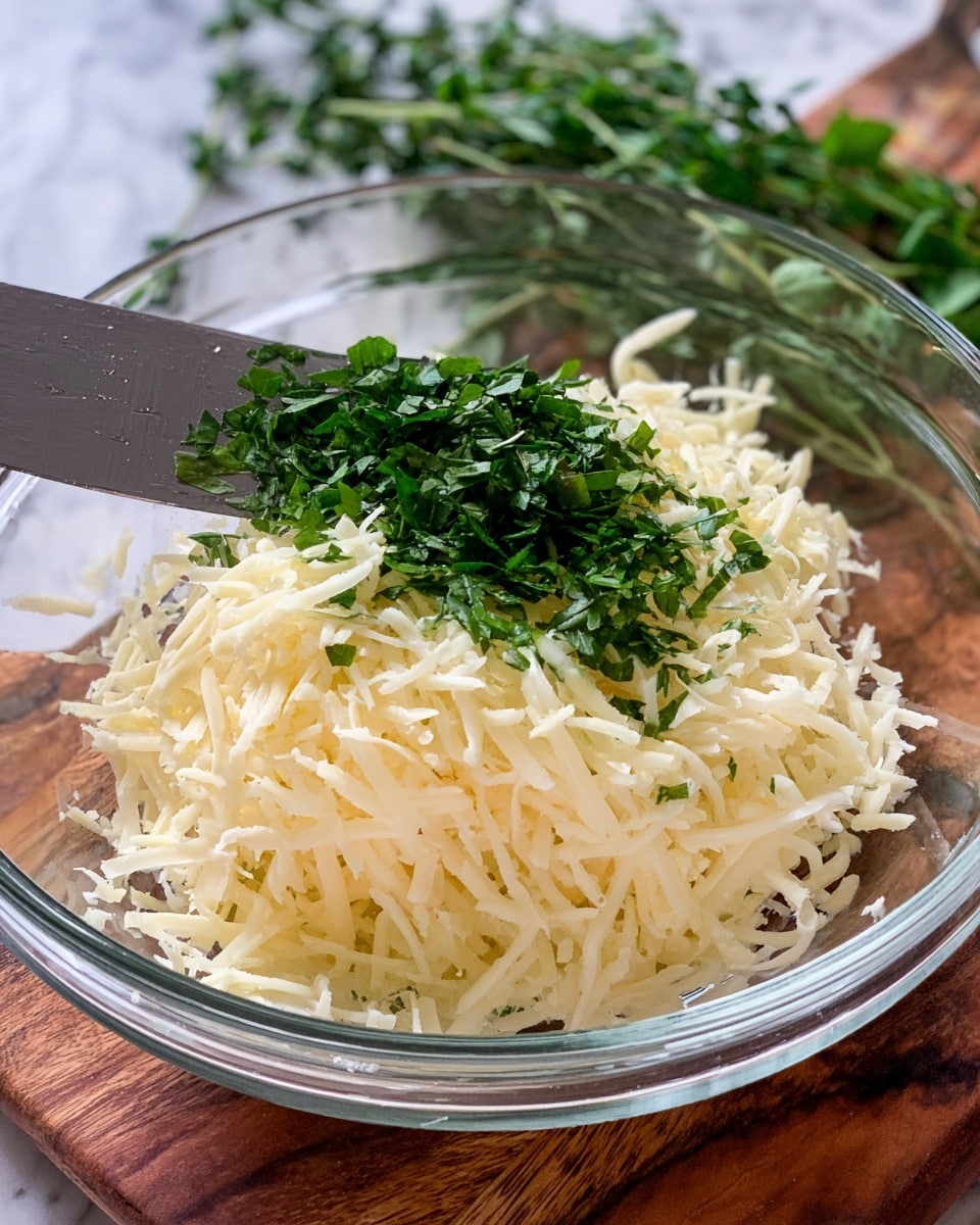 A clear glass bowl filled with a mound of pale yellow shredded cheese takes up most of the image center. Above the cheese, fresh bright green chopped herbs rest on a shiny silver knife blade positioned diagonally, ready to be added to the bowl. In the background, sprigs of whole green herbs lie on a white marbled surface, contrasting with the wooden cutting board beneath the bowl. The mix of soft shredded cheese and finely chopped leafy greens shows fresh ingredients about to be combined. photo taken with an iphone --ar 4:5 --v 7