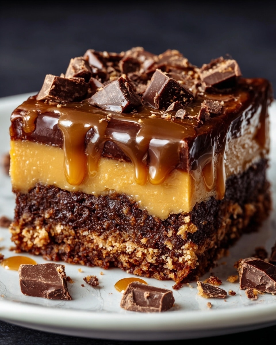 This image shows a close-up of a chocolate caramel dessert in a white square pan. The dessert has three clear layers: a thick dark brown chocolate crust at the bottom, a smooth golden caramel middle layer that is soft and dripping slightly, and a shiny dark chocolate top layer with a crumbly texture around the edges. A piece is cut out, revealing the thick caramel layer oozing out onto the white marbled surface below. Light reflections on the chocolate make it look fresh and rich. Photo taken with an iphone --ar 4:5 --v 7