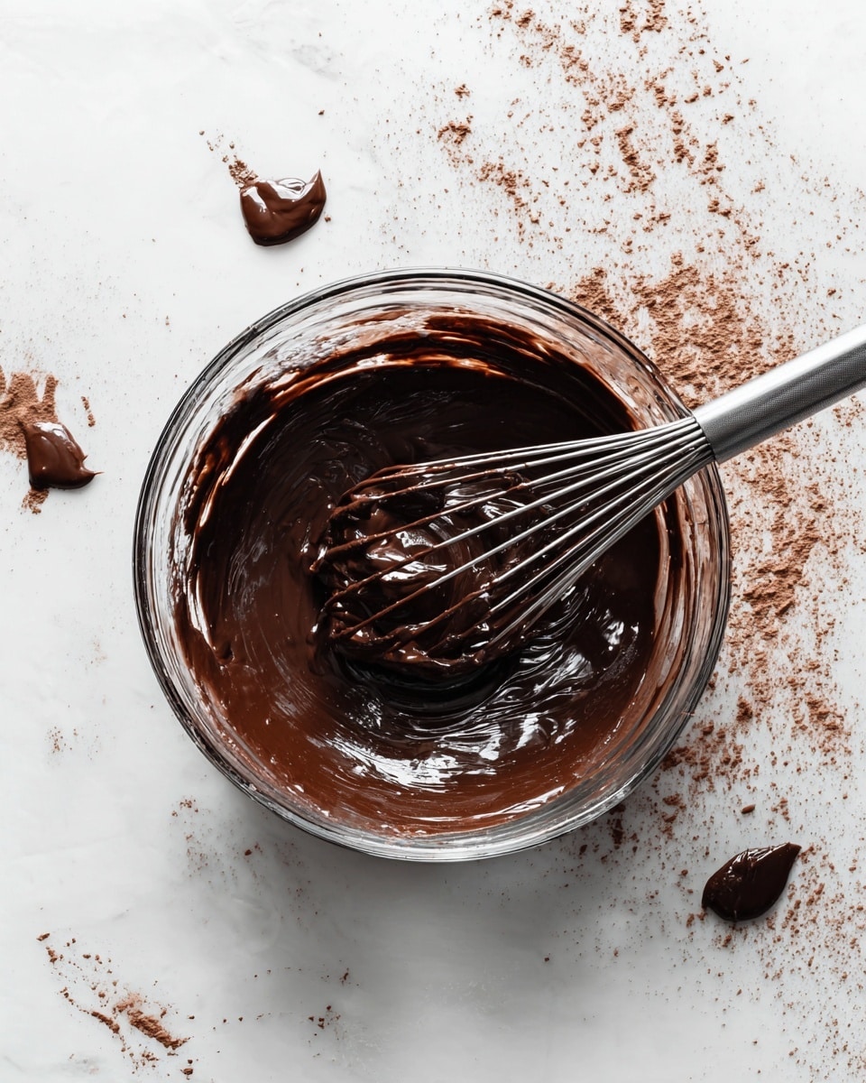 A clear glass bowl filled with thick, smooth dark brown chocolate batter sits on a white marbled surface. A silver whisk dipped in the batter rests in the bowl, with the batter clinging to its thin metal wires. Around the bowl, there are scattered small dollops and smudges of chocolate, with some cocoa powder dust spread unevenly on the white marbled surface, creating a messy yet appetizing look. The lighting highlights the glossy texture of the chocolate batter. photo taken with an iphone --ar 4:5 --v 7