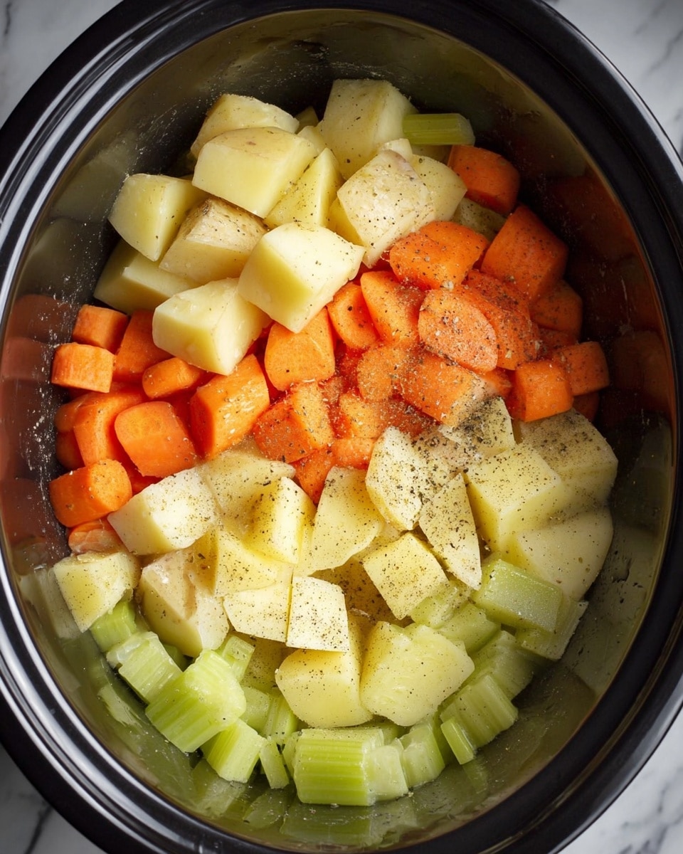 The image shows a black pot filled with three main layers of ingredients. At the bottom layer, there are small pieces of light green celery. Above that, there is a middle layer of sliced, bright orange carrots. The top layer has two kinds of potato pieces: large, pale yellow potato chunks placed on one side and smaller, cubed pale yellow potatoes spread over the carrots. Black pepper is sprinkled unevenly all over the vegetables, creating small black dots. The lighting highlights the colors and textures of each vegetable inside the pot. The background surface around the pot is a white marbled texture. Photo taken with an iphone --ar 4:5 --v 7
