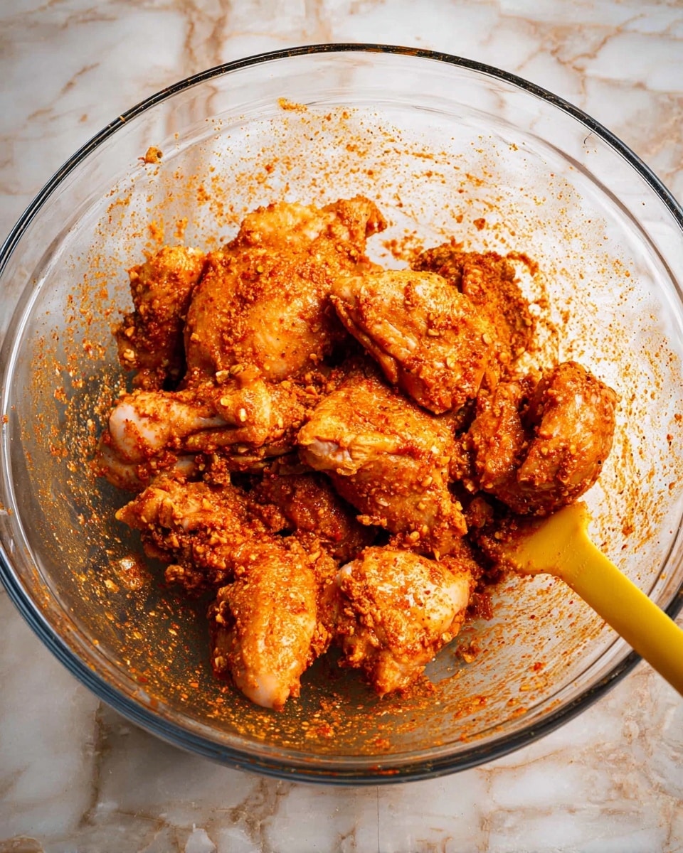 A clear glass bowl sits on a white marbled surface, filled with several pieces of raw chicken coated in a thick, reddish-orange spice mix with visible chili flakes and grainy texture. The chicken pieces are unevenly coated, giving a rough look with some parts showing more seasoning and others a bit of pale chicken skin. A yellow cooking utensil rests inside the bowl, partially covered with the spice blend. The bowl takes up most of the image and gives a fresh, bold preparation look. Photo taken with an iphone --ar 4:5 --v 7