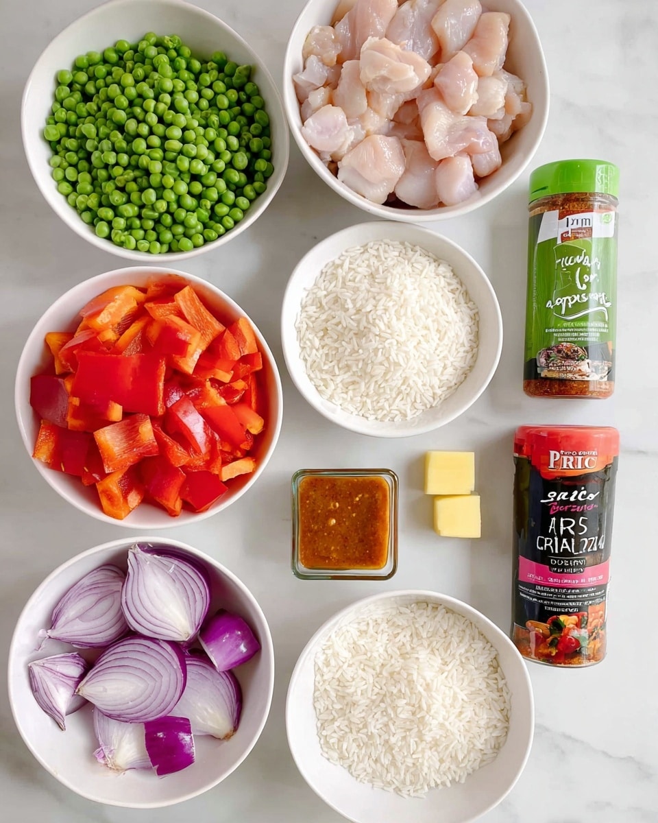 A white marbled surface holds six white bowls and three containers arranged in a flat lay. The top left has a bowl filled with small green peas, next to it on the right is a bowl of pale raw chicken pieces. Below the peas is a bowl of white uncooked rice, and next to it on the right are three containers: a square glass bottle of reddish-brown piri piri spice, a green and white tube labeled garlic purée, and a red and black tube labeled tomato purée. To the bottom left is a bowl full of large red bell pepper pieces, and next to it on the right is a bowl with chopped red onions showing layers of purple and white. Two small yellow cubes of stock are placed near the middle, under the spice bottle. photo taken with an iphone --ar 4:5 --v 7