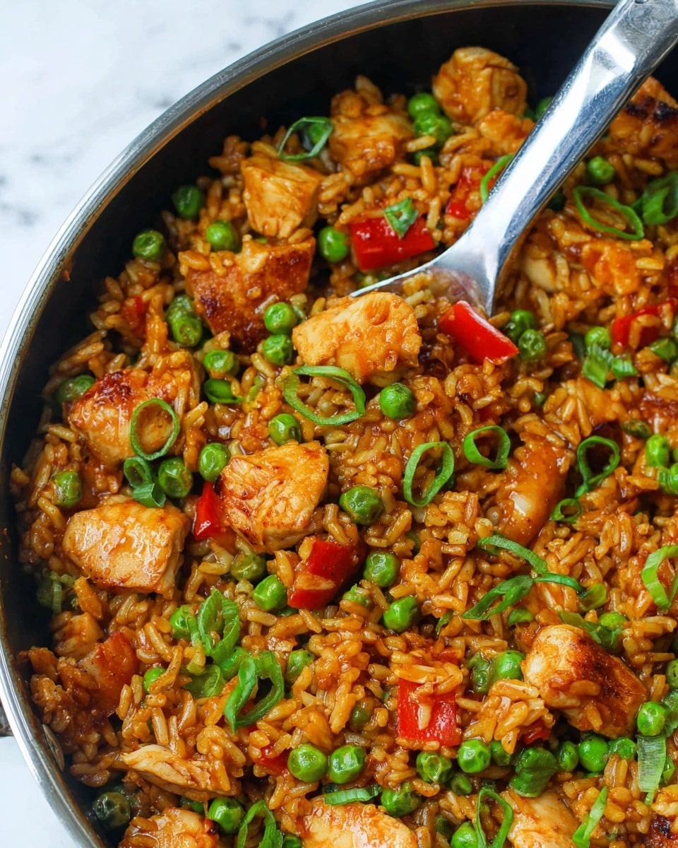 A close-up view of a pan filled with cooked rice mixed with pieces of golden brown chicken, bright green peas, and chopped red bell peppers. The rice is coated in a rich, reddish-brown sauce, with some finely sliced green onions scattered throughout. A metal spoon rests partially in the pan, slightly lifting a portion of the mix. The pan is placed on a white marbled surface photo taken with an iphone --ar 4:5 --v 7