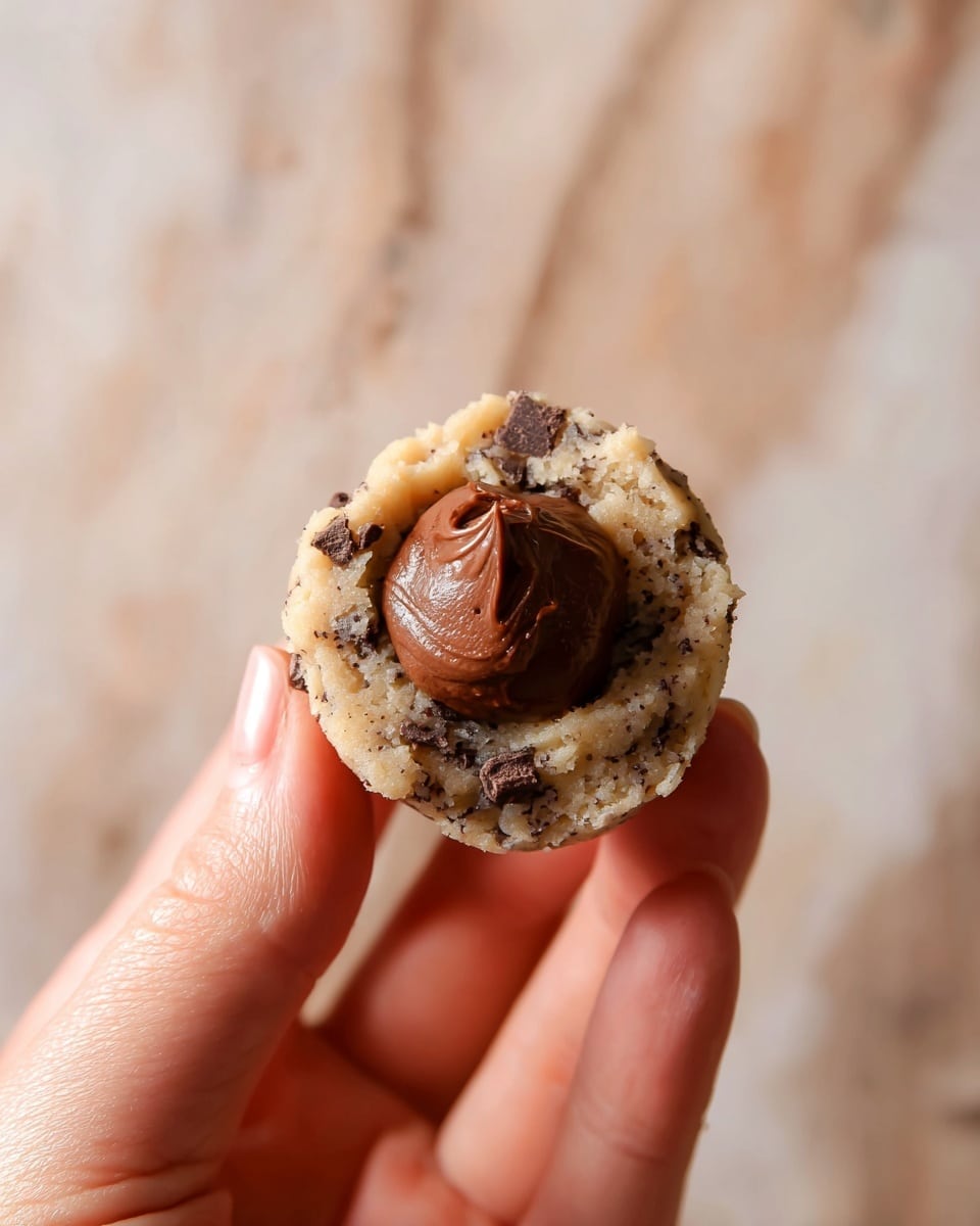 A close-up image showing a woman's hand holding a small, round cookie dough piece with visible small dark chocolate chunks. The dough is light beige with dark specks from the chocolate, and it has a slightly rough texture. On top of the cookie dough, in the center, there is a dollop of smooth, rich brown chocolate spread. The background features a soft, warm wood texture but it should be imagined as white marbled texture. photo taken with an iphone --ar 4:5 --v 7