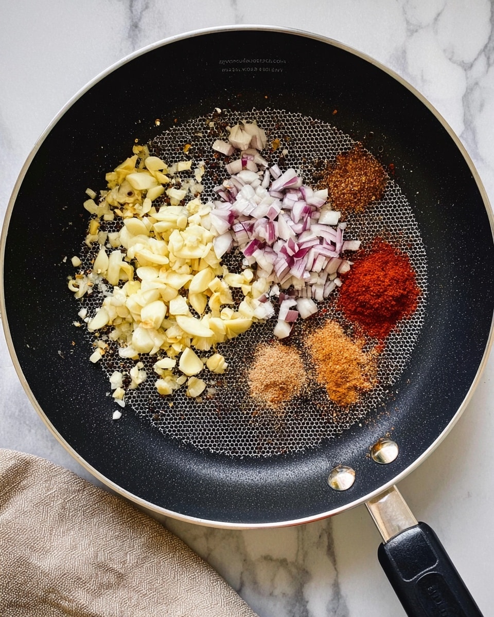 Inside a black frying pan with a honeycomb pattern at the center, there are several chopped ingredients spread out. On one side, light yellow chopped garlic pieces are scattered, next to small chunks of red and white chopped onions. On the other side of the pan, there are four piles of powdered spices: light brown, beige, deep red, and white. The pan handle is black with a silver base, and it rests on a white marbled surface with a small part of beige cloth visible in the corner. photo taken with an iphone --ar 4:5 --v 7