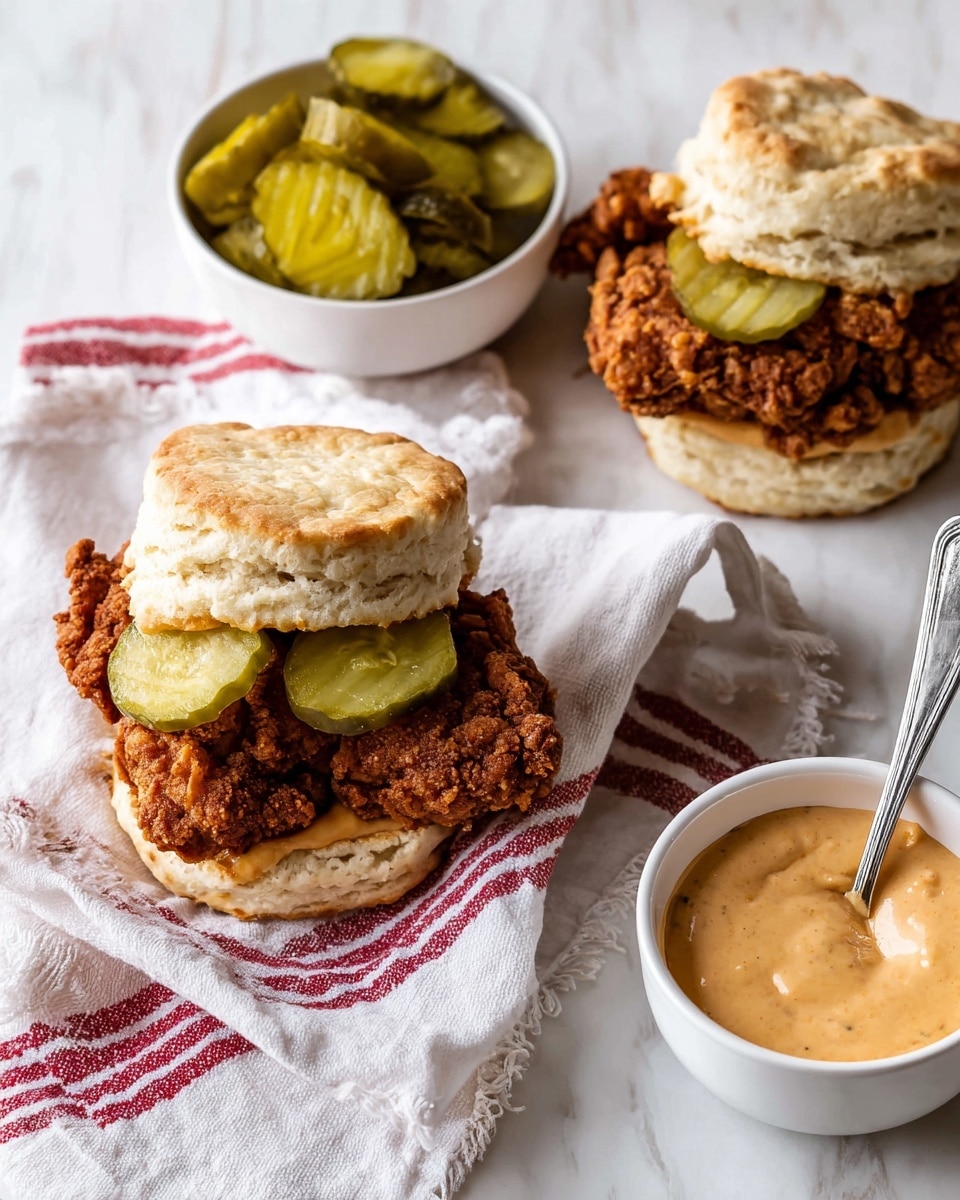 The image shows two fried chicken sandwiches on white biscuits, each with three green pickle slices visible between the crispy brown chicken and the top biscuit. The biscuits have a light golden top with a soft, slightly crumbly texture. Next to the sandwiches, there is a small white bowl filled with green pickle slices and another white bowl holding a creamy, light orange sauce with a silver spoon inside. A white and red striped cloth is partially under the bowls and sandwiches, all placed on a white marbled surface. Photo taken with an iphone --ar 4:5 --v 7