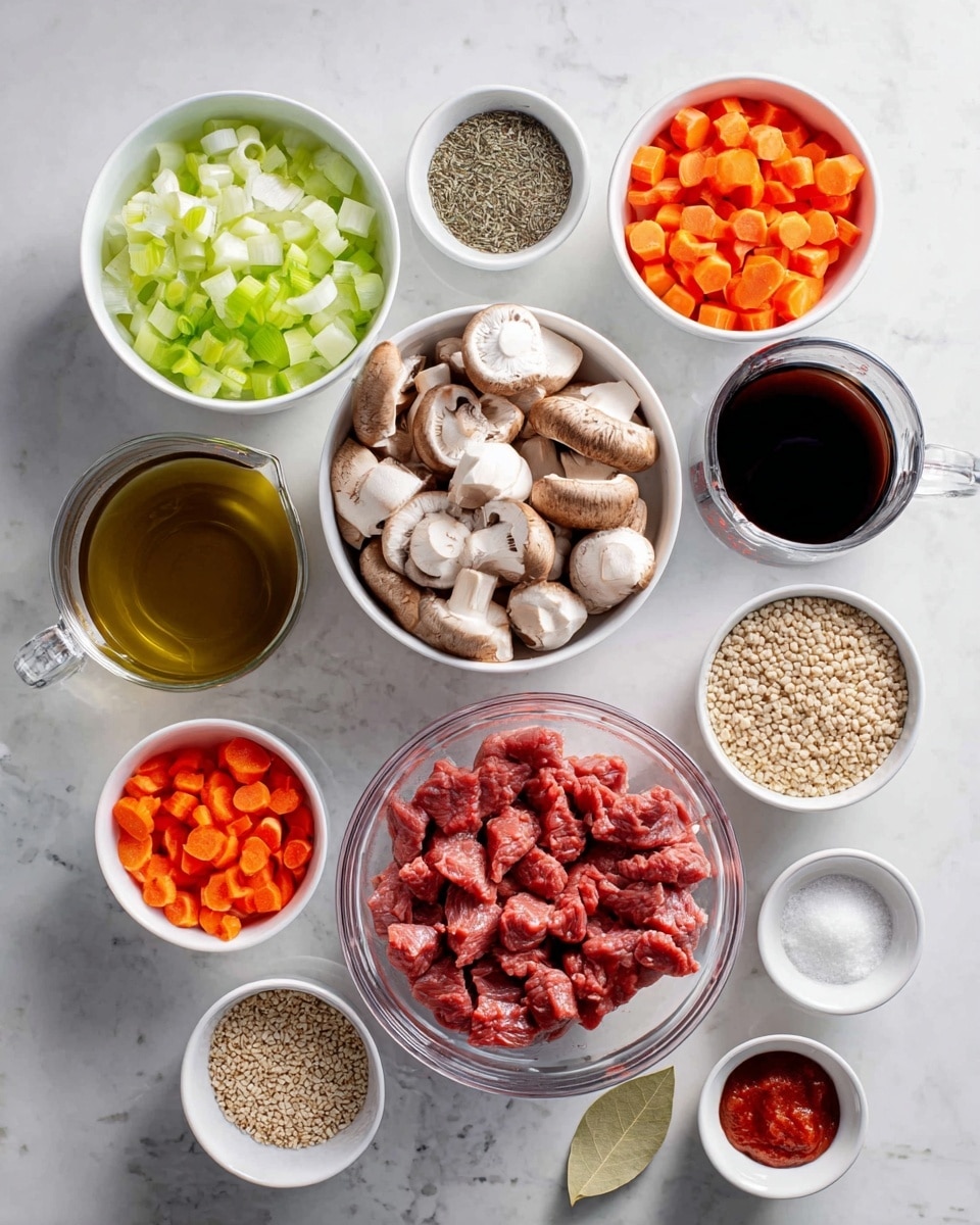 The image shows many ingredients on a white marbled surface, arranged in small white bowls and clear bowls. In the middle, there is a clear bowl with many red pieces of raw meat. Around it, there are white bowls holding chopped light green celery, sliced brown and white mushrooms, diced white onions, chopped bright orange carrots, and three whole garlic cloves. There is also a clear glass measuring cup filled with dark brown liquid, a small white bowl with greenish olive oil, a bowl of light beige barley grains, and a bowl with a small amount of red tomato paste. Additionally, small white bowls with dried herbs, a dark brown sauce, a bay leaf, salt, and black pepper are placed near the center. Everything is neat and bright. photo taken with an iphone --ar 4:5 --v 7