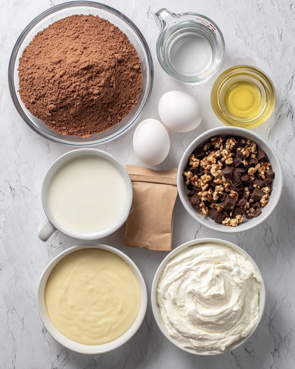 A top view of baking ingredients arranged neatly on a white marbled surface, including a large clear glass bowl filled with light brown cocoa powder positioned at the top left; beside it to the right, a clear glass measuring cup holding water and below that, a white bowl with pale yellow oil; two white eggs sit next to a small brown paper bag. Below the cocoa powder, a clear glass cup with white milk, to its right a white bowl filled with chocolate and peanut pieces; beneath that, two white bowls with smooth creamy white whipped cream-like texture, separated by a white bowl in the center filled with light yellow sweetened condensed milk. photo taken with an iphone --ar 4:5 --v 7