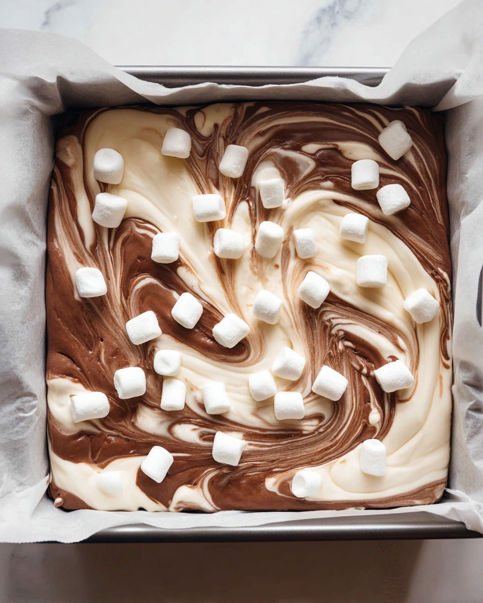 The image shows a square baking pan lined with white parchment paper filled with a dessert batter that has two main layers swirled together. The first layer is a smooth, creamy white color with a soft texture, while the second layer is a rich, dark brown chocolate color that blends and twists into the white layer in a marbled pattern. Scattered evenly across the top are small, round, white mini marshmallows, adding a fluffy texture contrast to the swirled batter beneath. The scene is set on a white marbled surface. Photo taken with an iphone --ar 4:5 --v 7