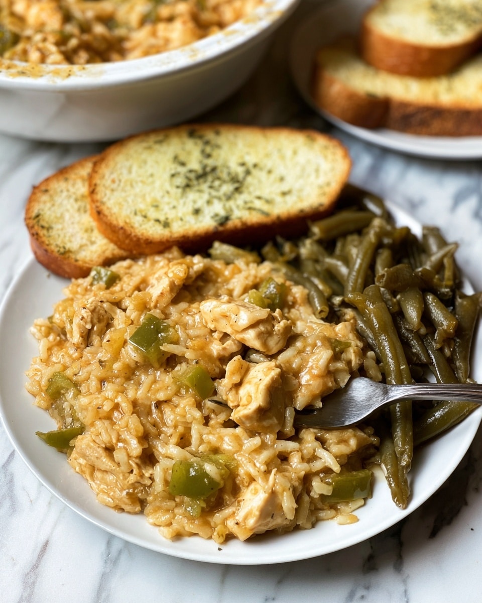 A white plate on a white marbled surface holds a serving of creamy rice mixed with chunks of light brown chicken and small pieces of green bell pepper, creating a soft texture and a warm, golden-brown color. On the right side of the plate, there is a pile of dark green cooked green beans with a smooth, slightly shiny texture. Two slices of golden-brown garlic bread sit at the top left of the plate, lightly toasted with small herb specks visible on the surface. A fork lifts a bite of the rice and chicken mix in the foreground. In the background, part of a bowl filled with more of the rice dish and a small plate with more garlic bread are visible. Photo taken with an iphone --ar 4:5 --v 7