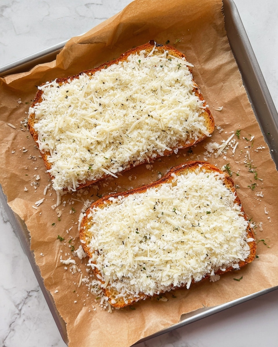 The image shows two rectangular pieces of toasted bread placed side by side on brown parchment paper on a baking tray. Each slice is evenly covered with a thick layer of finely grated white cheese, giving a fluffy, soft texture on top. The toast beneath the cheese is a golden-brown color with some green herbs visible around the edges under the cheese. The baking tray rests on a white marbled surface, adding a clean and bright backdrop to the warm, cheesy toast. photo taken with an iphone --ar 4:5 --v 7