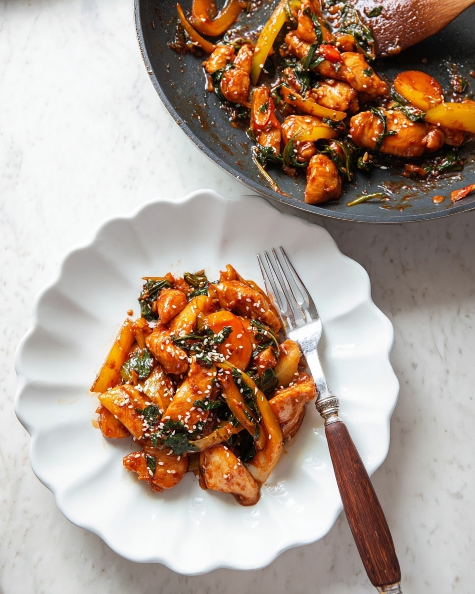 A small pile of stir-fried chicken and vegetables sits in the center of a white scalloped plate, showing around three layers: the base has orange-brown chicken pieces coated in glossy sauce, mixed with vibrant yellow-orange carrot slices and some wilted dark green leafy vegetables, all sprinkled lightly with white sesame seeds. A fork with a wooden handle and metal prongs rests on the right side of the plate. In the top right corner, a black frying pan contains more of the same dish, the orange sauce glistening on the chicken and vegetables, with a wooden spatula partially visible stirring the ingredients. The whole scene is set on a white marbled surface, enhancing the colors of the food photo taken with an iphone --ar 4:5 --v 7
