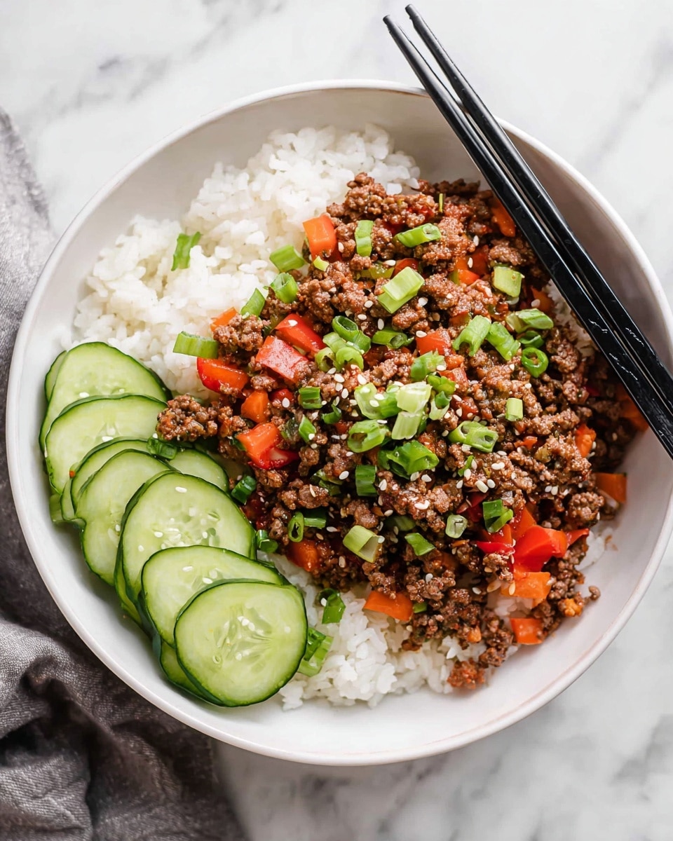 A white bowl filled with three main layers is shown on a white marbled texture. The bottom layer is white rice, soft and fluffy, taking up most of the bowl. On the right half and center, there is a large pile of cooked ground beef mixed with small pieces of orange carrot and red bell pepper, topped with chopped green onions and white sesame seeds. On the left side of the bowl, there is a section of cut cucumber slices, fresh and green with a crisp texture. Black chopsticks are placed on the bowl's rim, resting above the beef. Photo taken with an iphone --ar 4:5 --v 7