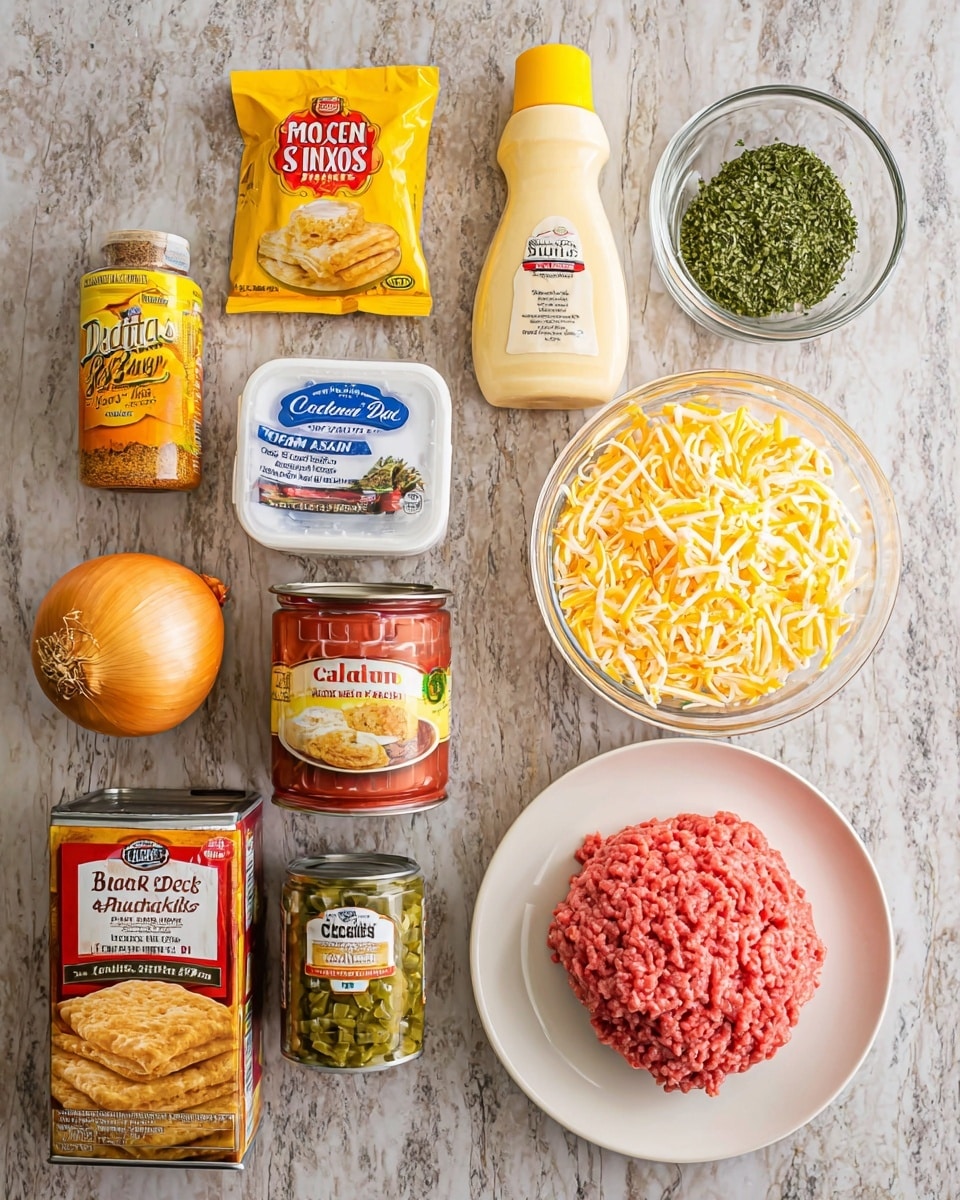 The image shows various cooking ingredients arranged neatly on a white marbled surface. In the lower right, a white round plate holds a mound of raw pink ground meat with a textured surface. Above it, a small glass bowl contains clear liquid. To the left of the liquid, a whole yellow onion rests on the surface. Above the onion, a yellow packet of taco seasoning mix stands upright. Next to the seasoning mix, a white container of sour cream with a blue lid is visible. Next to the sour cream, a squeezable bottle of creamy, pale yellow mayonnaise with a yellow cap is placed. Above the onion, a jar of green parsley flakes stands with a black lid. To the right of the parsley, a small can of diced green chilies has a bright colorful label. Above the can, a large white bowl is full of shredded yellow and white cheese. To the right of the cheese, a can of fire-roasted diced tomatoes shows a rich red color on its label. In the center near the top, a box of cheddar bay biscuit mix is displayed with golden biscuits on the front, showing their crumbly texture. All objects are brightly lit and sharply focused. Photo taken with an iphone --ar 4:5 --v 7