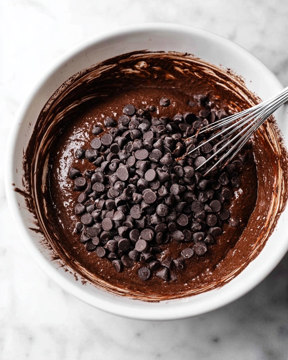 A white bowl with thick dark brown chocolate batter inside, topped with a large pile of dark chocolate chips mostly in the center. A metal whisk is partially mixed into the batter on the left side of the bowl. The bowl sits on a white marbled surface and has streaks of chocolate batter on the inner sides. The overall look is rich and textured, with smooth batter contrasting with the small, rounded chocolate chips photo taken with an iphone --ar 4:5 --v 7