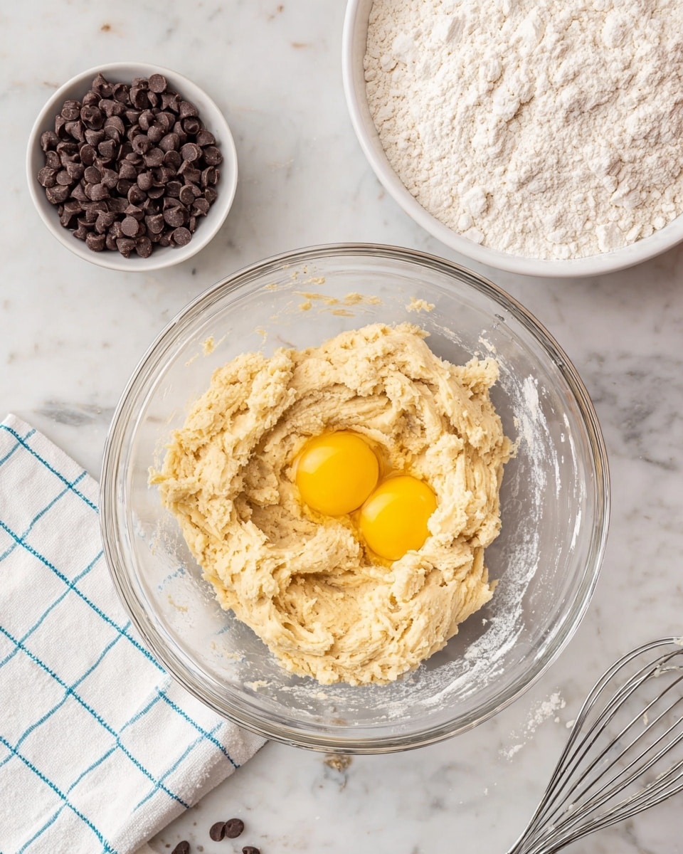 A clear glass bowl holds a creamy light beige dough with two bright yellow raw eggs sitting on top in the center layer. Around the main bowl are several other items: a white bowl filled with small dark brown chocolate chips, a large clear bowl of white flour with a soft, powdery texture, and a small clear container of light cream or milk. The scene is set on a white marbled surface with a white cloth featuring a blue grid pattern placed near the bottom left corner. A metal beater with some dough residue is partially visible at the bottom right corner. photo taken with an iphone --ar 4:5 --v 7