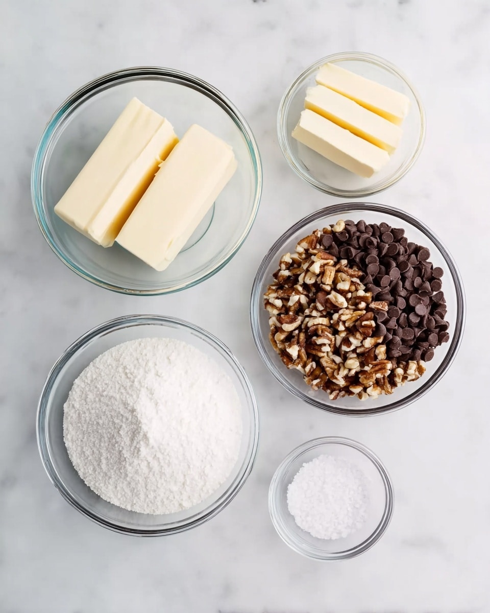 The image shows five clear glass bowls on a white marbled surface. The largest bowl, positioned at the bottom center, holds white granulated sugar. To its top right is a bowl filled with small, dark brown chocolate chips, and to its top left is a bowl containing three thick sticks of pale yellow butter. To the far left, there is a smaller bowl filled with chopped nuts that are brown and white in color. Finally, a tiny bowl with white salt is placed just below the nuts and slightly to the right. The setup is neat and organized, highlighting each ingredient clearly photo taken with an iphone --ar 4:5 --v 7