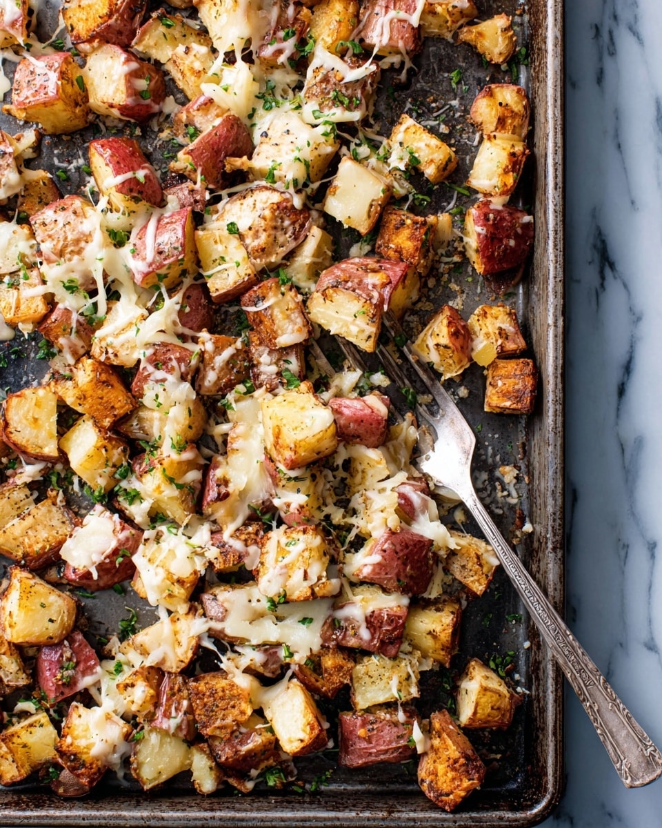 The image shows a metal baking tray filled with small, uneven cubes of roasted red potatoes scattered all over. The potatoes have a mix of reddish skin and soft, pale yellow insides with a slightly crispy, brown-edged texture. Melted white cheese strands are spread across the potatoes, some stretching and mixing with the pieces. Small bits of green herbs, likely parsley, are sprinkled throughout, adding a fresh pop of color. A silver fork is partially buried in the potatoes on the right side, with some cheese and potato cubes caught on it. The tray rests on a white marbled surface. photo taken with an iphone --ar 4:5 --v 7