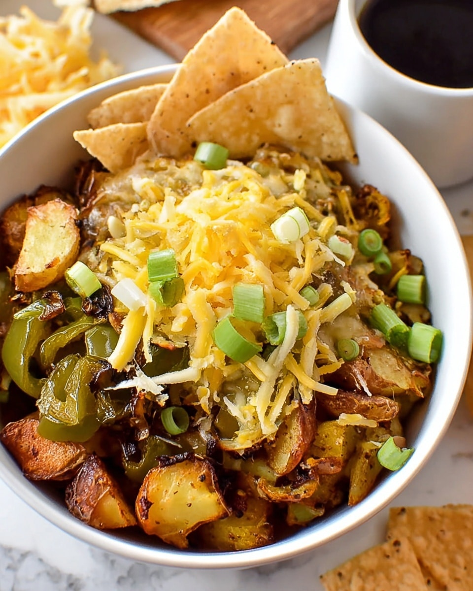 A white bowl filled with three main layers: the bottom layer is a mix of roasted potato chunks and green bell peppers with a browned, slightly crispy texture; the middle layer features thinly chopped green onion pieces scattered around; the top layer shows a small pile of shredded yellow and white cheese. Around the bowl, there are two light-colored tortilla chips sticking out and a blurred cup of dark sauce in the background, all set on a white marbled surface. photo taken with an iphone --ar 4:5 --v 7
