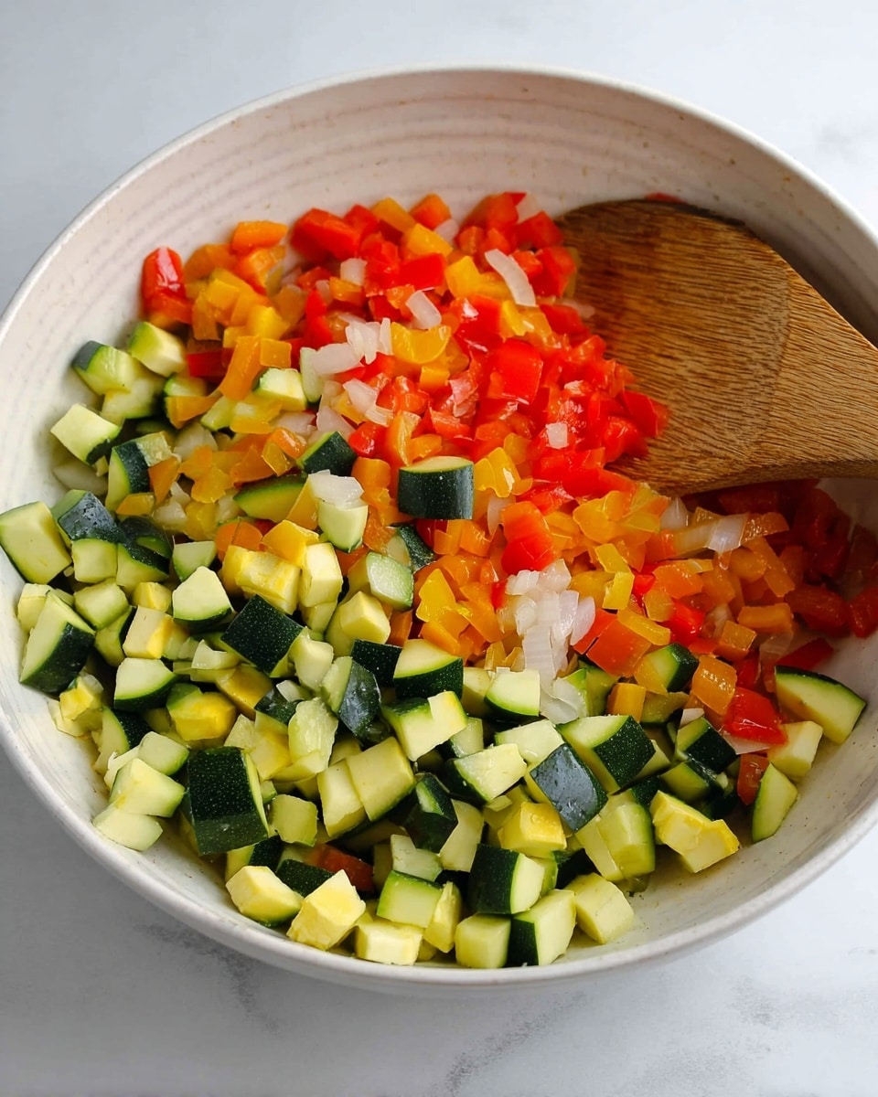 A white bowl filled with three layers of diced vegetables: the bottom layer has light yellow zucchini cubes, the middle layer has dark green zucchini pieces with a soft texture, and the top layer has bright red bell pepper and translucent white onion pieces mixed evenly throughout. A wooden spatula rests on the right inside edge of the bowl, all set against a white marbled surface. photo taken with an iphone --ar 4:5 --v 7