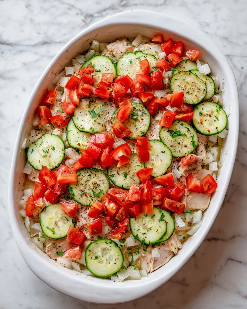 The dish is served in a white oval baking dish filled with layers of sliced zucchini and chopped red tomatoes, all covered by a thick, bubbly layer of melted golden-brown cheese with some melted bits turning light brown. The zucchini slices are bright green with pale centers, peeking out from under the cheese, and the red tomato pieces are scattered across the top and mixed inside, adding pops of color. The cheese layer has a creamy texture with browned spots all over, giving a baked appearance. A silver serving spatula rests on the right side of the dish, partially inside the food. The background surface is white with a marbled texture. photo taken with an iphone --ar 4:5 --v 7