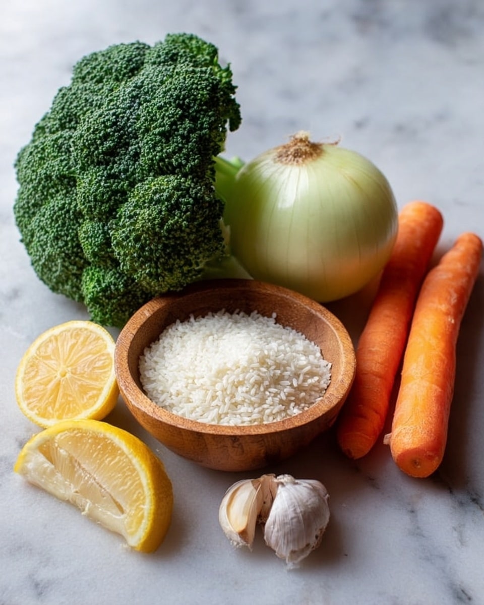The image shows an arrangement of raw vegetables and rice on a white marbled surface: a large green broccoli with thick, textured florets stands tall behind two bright orange carrots lying side by side; a whole pale yellow onion with papery skin rests to the right, while a clove of garlic with layers of dry skin sits near two lemon wedges with bright yellow, juicy flesh at the front left. In the center, a small round wooden bowl is filled with white uncooked rice. The lighting is soft and natural, highlighting the fresh colors and textures. photo taken with an iphone --ar 4:5 --v 7