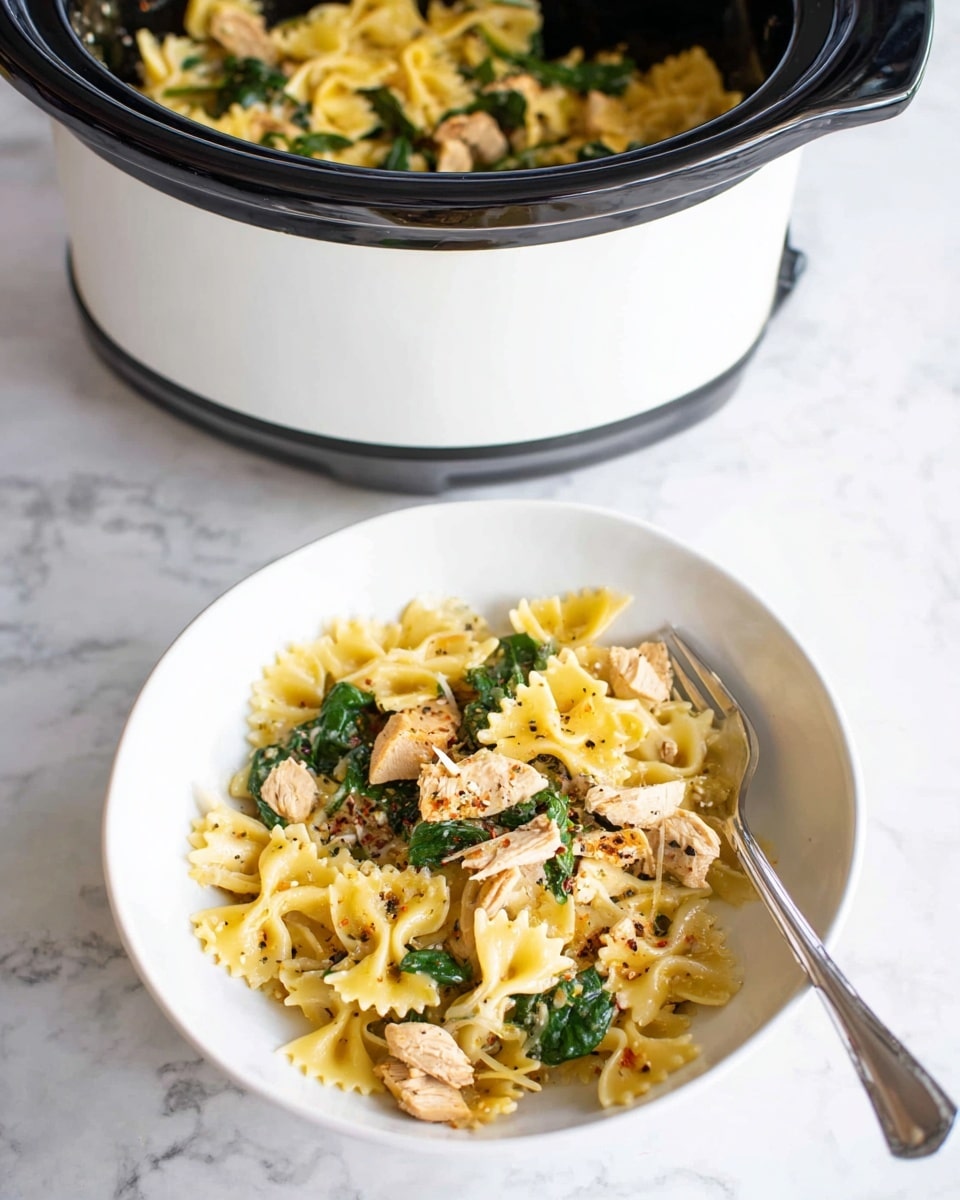 A white bowl filled with three layers: the base layer is bowtie pasta in a light yellow color, the middle layer has pieces of light brown cooked chicken and bright green spinach leaves, and the top layer is sprinkled with black pepper, all mixed together. A silver fork rests inside the bowl on the right side. Behind the bowl is a white slow cooker with a black inner pot filled with the same pasta dish, showing the bright yellow pasta and cooked chicken pieces with green spinach. The whole scene is set on a white marbled surface. Photo taken with an iphone --ar 4:5 --v 7