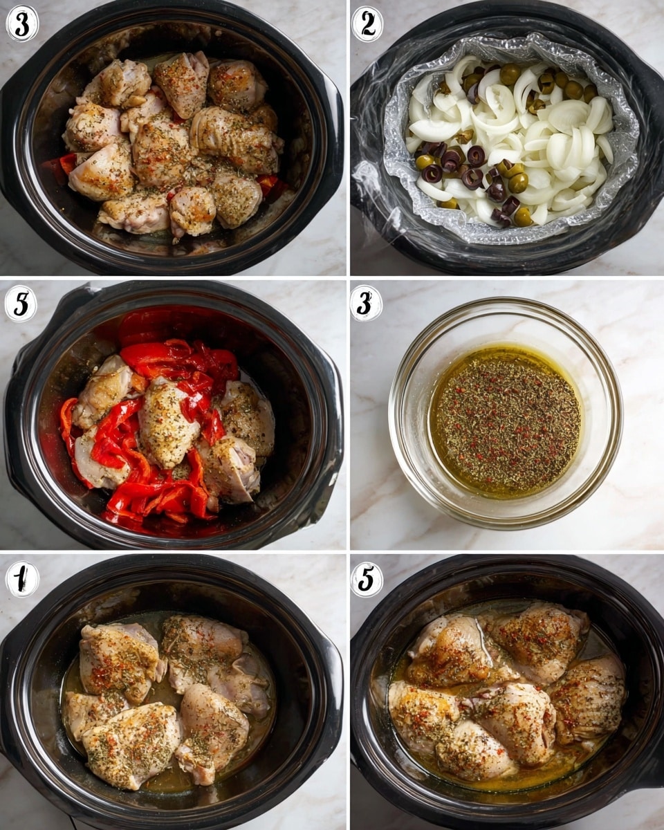 The image shows six steps of cooking chicken in a slow cooker. Step 1 has eight browned chicken pieces with light golden skin and seasoning, laid out in a black pan on a stove. Step 2 shows toppings inside a slow cooker lined with a clear plastic liner, including sliced white onions in the upper left, small green capers to the right, sliced black olives in the middle, and bright red roasted bell peppers at the bottom. Step 3 shows the browned chicken pieces from Step 1 placed on top of those layered vegetables inside the slow cooker. Step 4 presents a small clear glass bowl with mixed dried herbs and spices in oil, visible as a green and yellow speckled liquid. Step 5 shows the chicken and vegetables inside the slow cooker again, now topped with the herb mixture drizzled over the chicken in spots. Step 6 displays the fully cooked dish with tender chicken resting in a light sauce mixed with onions, olives, and peppers inside the slow cooker lined with the clear plastic liner, all on a white marbled surface. Photo taken with an iphone --ar 4:5 --v 7