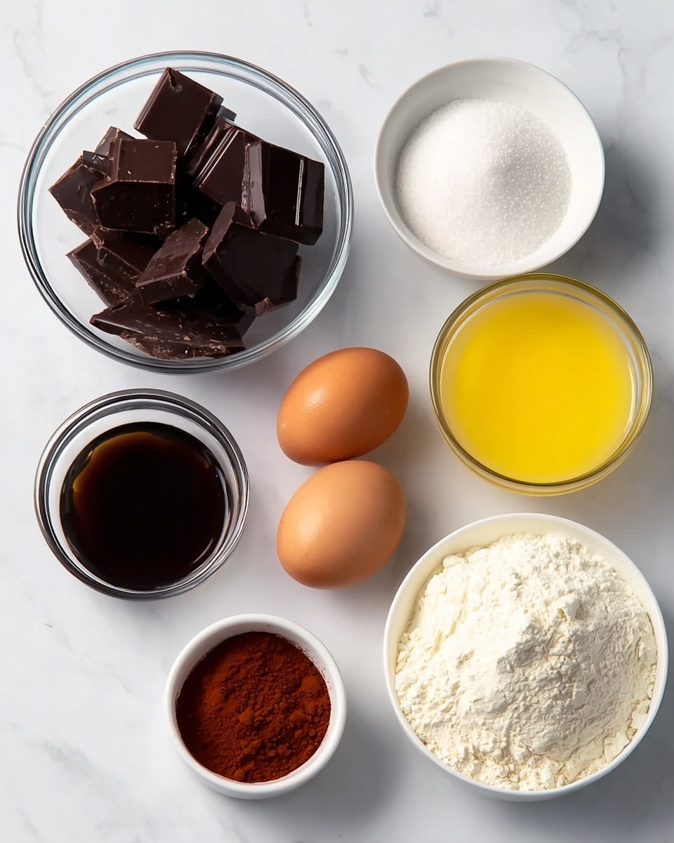 This image shows seven containers and two eggs arranged on a white marbled surface. There is a clear glass bowl with large pieces of dark chocolate on the left, followed by a small white bowl filled with white granulated sugar behind it. In front of these are two brown eggs placed side by side. Next to the eggs are two small bowls: one is clear glass containing a dark brown liquid, and the other is white holding a reddish-brown powder. On the right side, there is a white bowl filled with a white powder, possibly flour, and behind this is a clear glass cup filled with melted yellow butter. All items are neatly spaced and centered in the image. Photo taken with an iphone --ar 4:5 --v 7