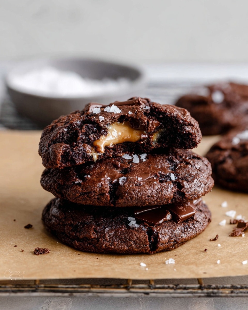 A stack of three dark brown chocolate cookies is shown on a light brown baking paper on a metal rack with a white marbled surface below. The top cookie is broken in half, revealing creamy caramel inside mixed with melted chocolate chunks. The cookie textures are rough and cracked with chunks of chocolate visible and some coarse salt flakes sprinkled on top. In the background, there is a gray bowl with white salt in it, blurred out. The lighting highlights the rich color and soft center of the warm cookies. photo taken with an iphone --ar 4:5 --v 7