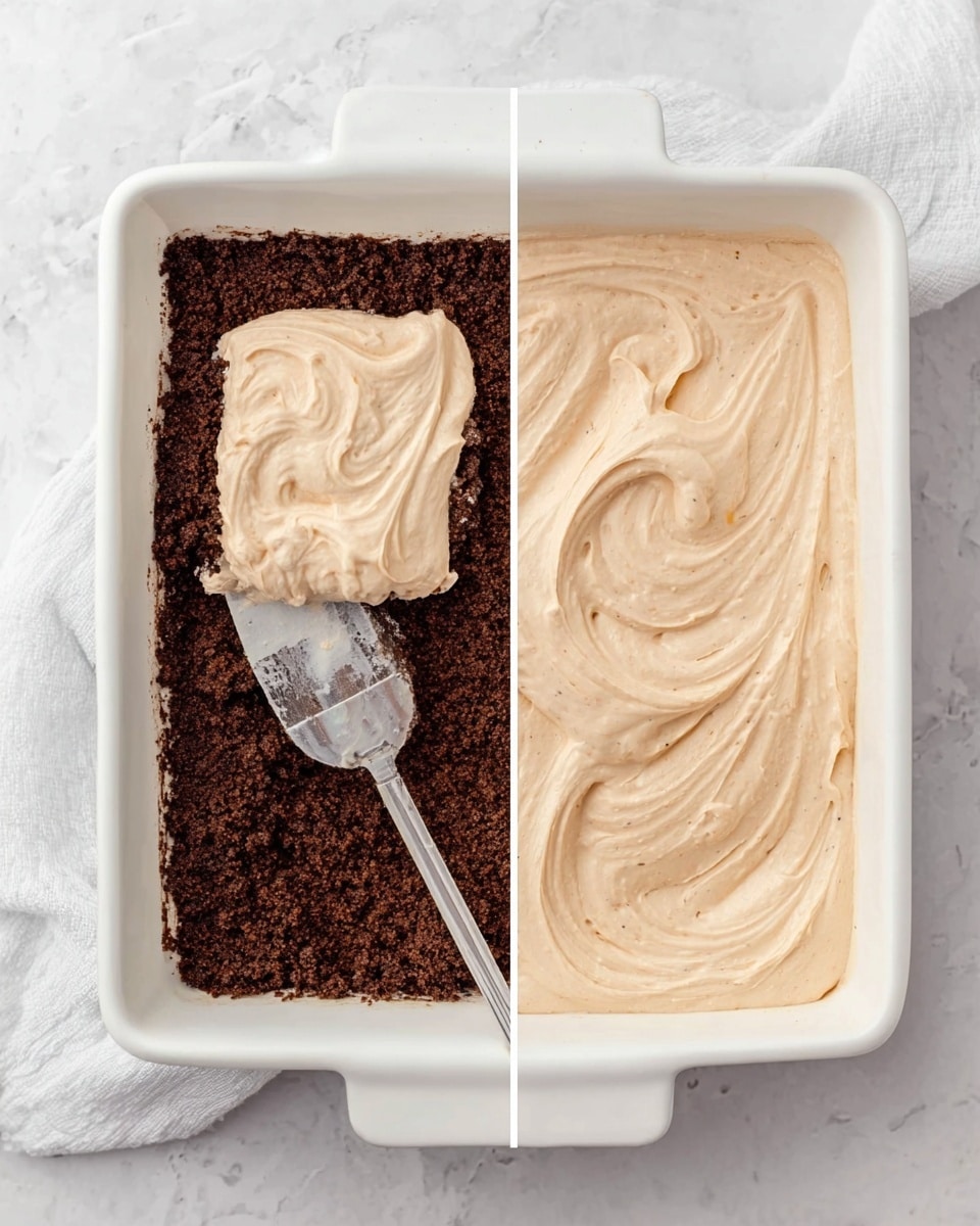 The image shows a white rectangular baking dish with two layers of a dessert on a white marbled background. The first layer is a dark brown crumbly base spread evenly across the bottom of the dish. The second layer is a fluffy light brown cream that is being spread over the base with a spoon, covering it almost fully in the second part of the image. The cream has a smooth texture with soft swirls visible on the surface. A clear spoon rests in the dish holding part of the creamy layer, with a white cloth in the background. photo taken with an iphone --ar 4:5 --v 7