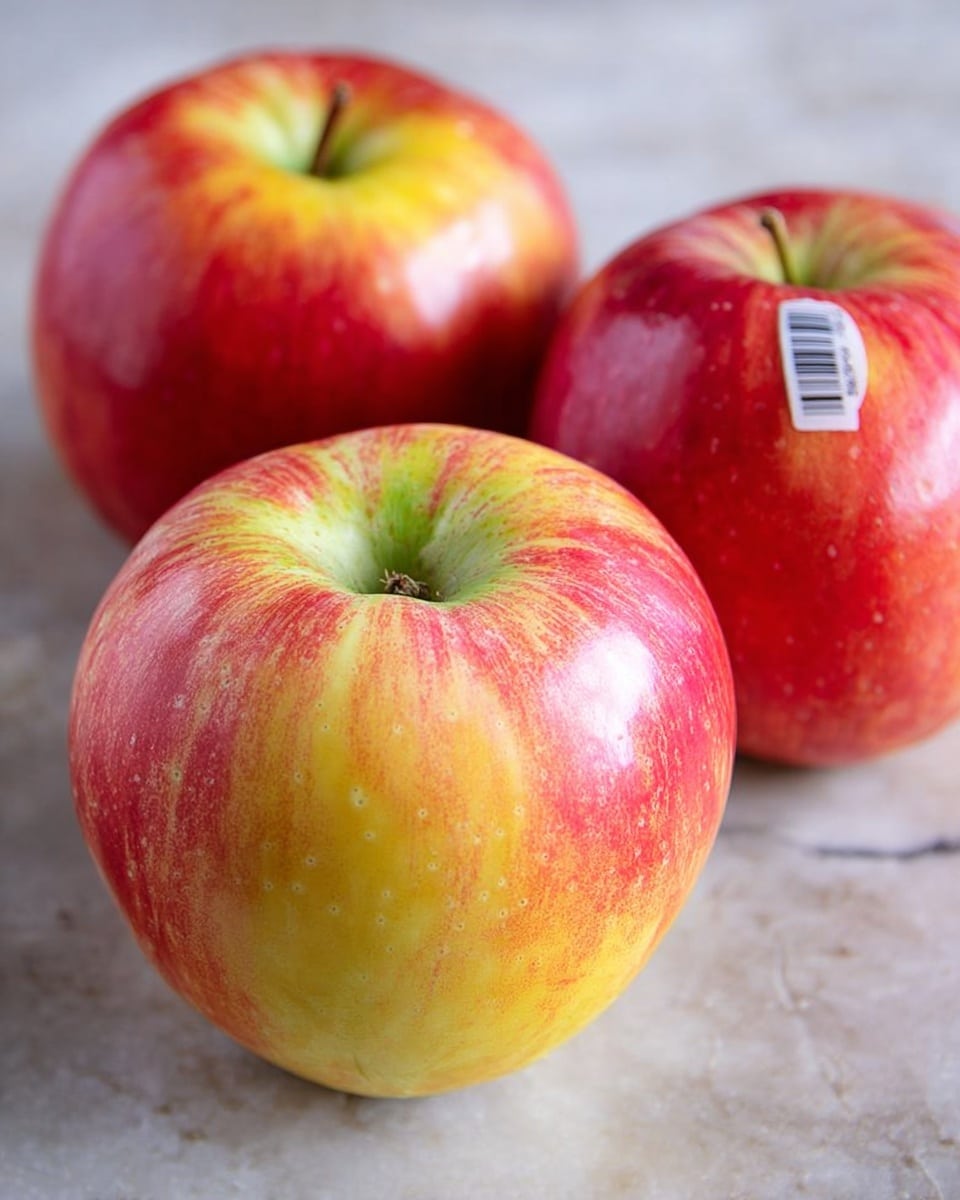 The image shows three apples placed close together on a white marbled textured surface. Each apple has a round shape with a smooth skin that blends red and yellow-green colors. The front apple is mostly red with yellow-green near the stem, and its texture looks shiny and slightly speckled. The two apples at the back have similar colors, with one displaying a barcode sticker on its side. The lighting highlights the glossy finish of the apples, making them look fresh and ripe. photo taken with an iphone --ar 4:5 --v 7