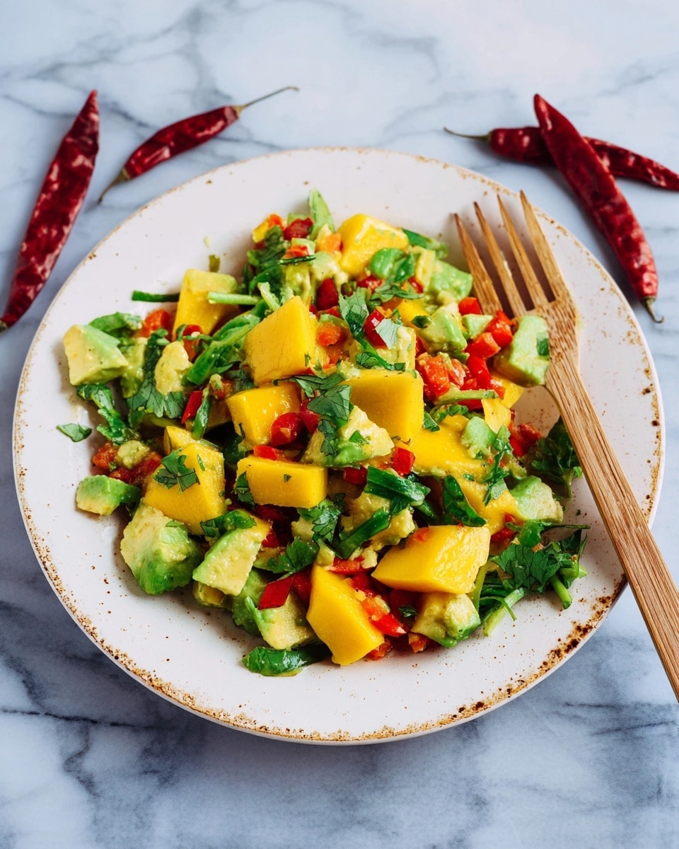 A white plate with a rough edge holds a colorful salad made of three main layers: bright yellow mango cubes on the bottom, mixed with chunks of green avocado and chopped red bell pepper pieces, all combined with small bits of fresh green leafy herbs scattered throughout. On the right side inside the plate rests a light brown wooden fork. Around the plate, there are three whole dried red chili peppers lying on a white marbled surface. The salad looks fresh and mixed, showing different textures from soft to crisp. Photo taken with an iphone --ar 4:5 --v 7