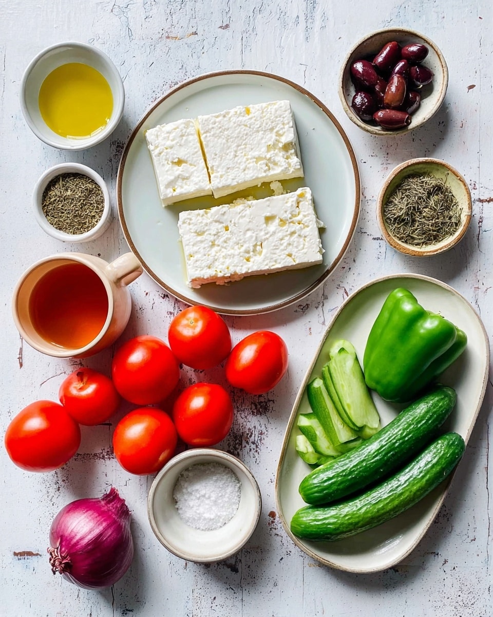 The image shows various fresh ingredients arranged on a white marbled surface. On the right, a white oval plate holds four bright red tomatoes, two long green cucumbers with one sliced lengthwise showing its pale green inside, and a fresh green bell pepper. In the center, a white round plate displays three thick blocks of white feta cheese with crumbly edges. Around the plates are small white bowls and cups containing golden yellow olive oil, dark purple kalamata olives, dry green herbs, and a small bowl of salt. There's also a small light brown cup with reddish liquid and a whole red onion with skin on the bottom left. All the ingredients are neatly spaced and clearly visible. Photo taken with an iphone --ar 4:5 --v 7