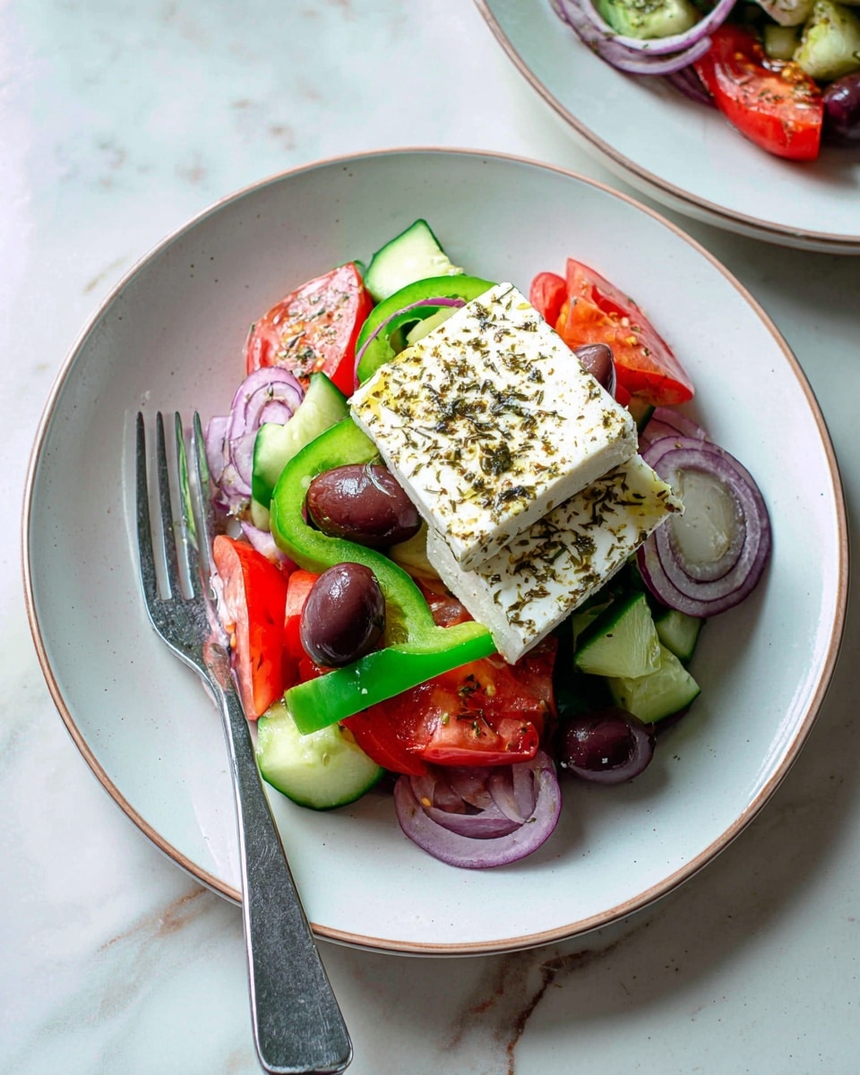 A white plate with a fresh Greek salad arranged in layers: the bottom layer is a mix of sliced cucumber chunks with green skin and quartered red tomato wedges, topped with thin rings of purple onion and dark purple olives scattered around. Above this sits bright green slices of bell pepper, adding a crisp texture. On top are two thick rectangular pieces of white feta cheese sprinkled with dried herbs, likely oregano. A metallic fork rests on the left side of the plate. The plate is set on a white marbled surface. photo taken with an iphone --ar 4:5 --v 7